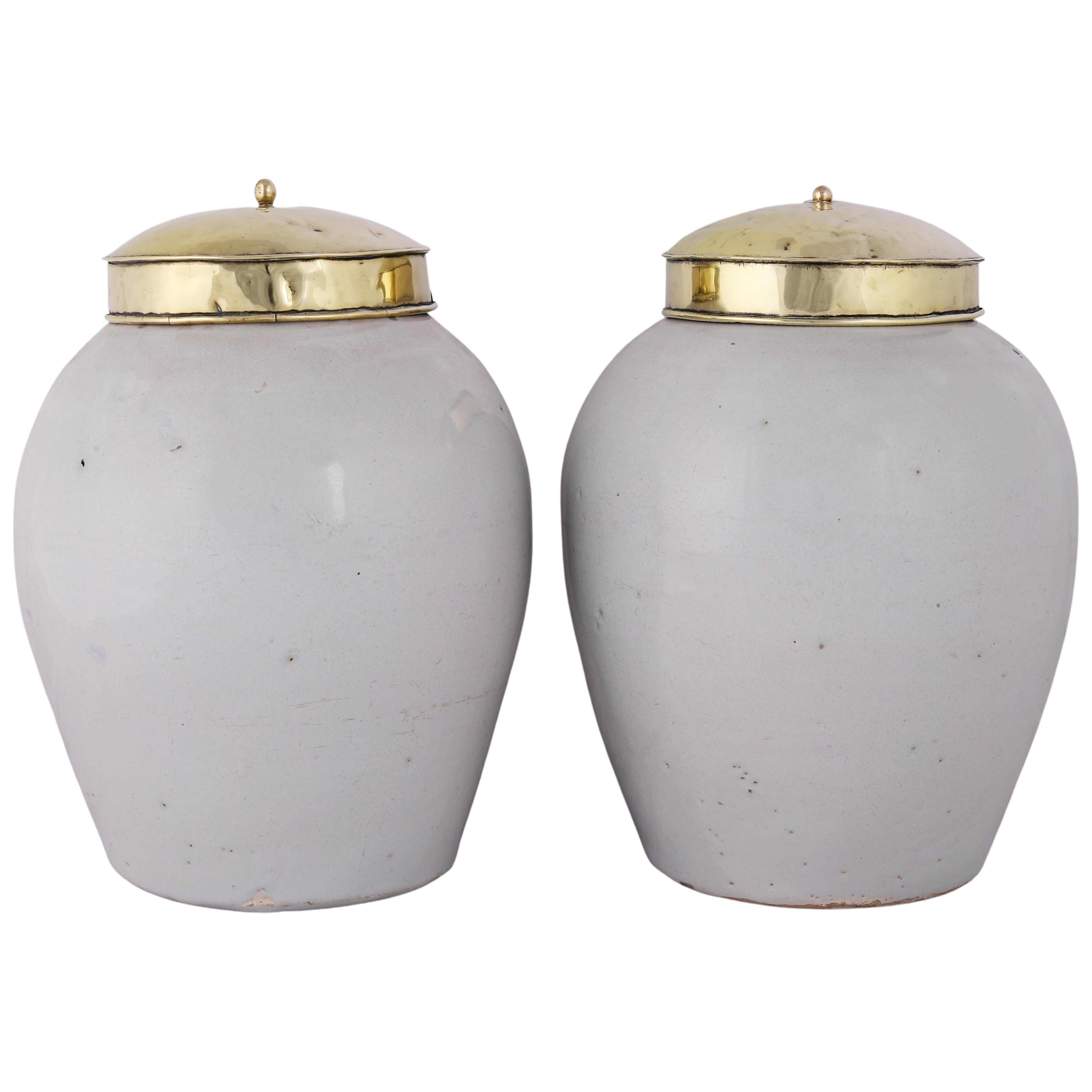 Fired Two Dutch Delft Tobacco Jars with Original Lids: Varinas St. Omer, 18th Century For Sale
