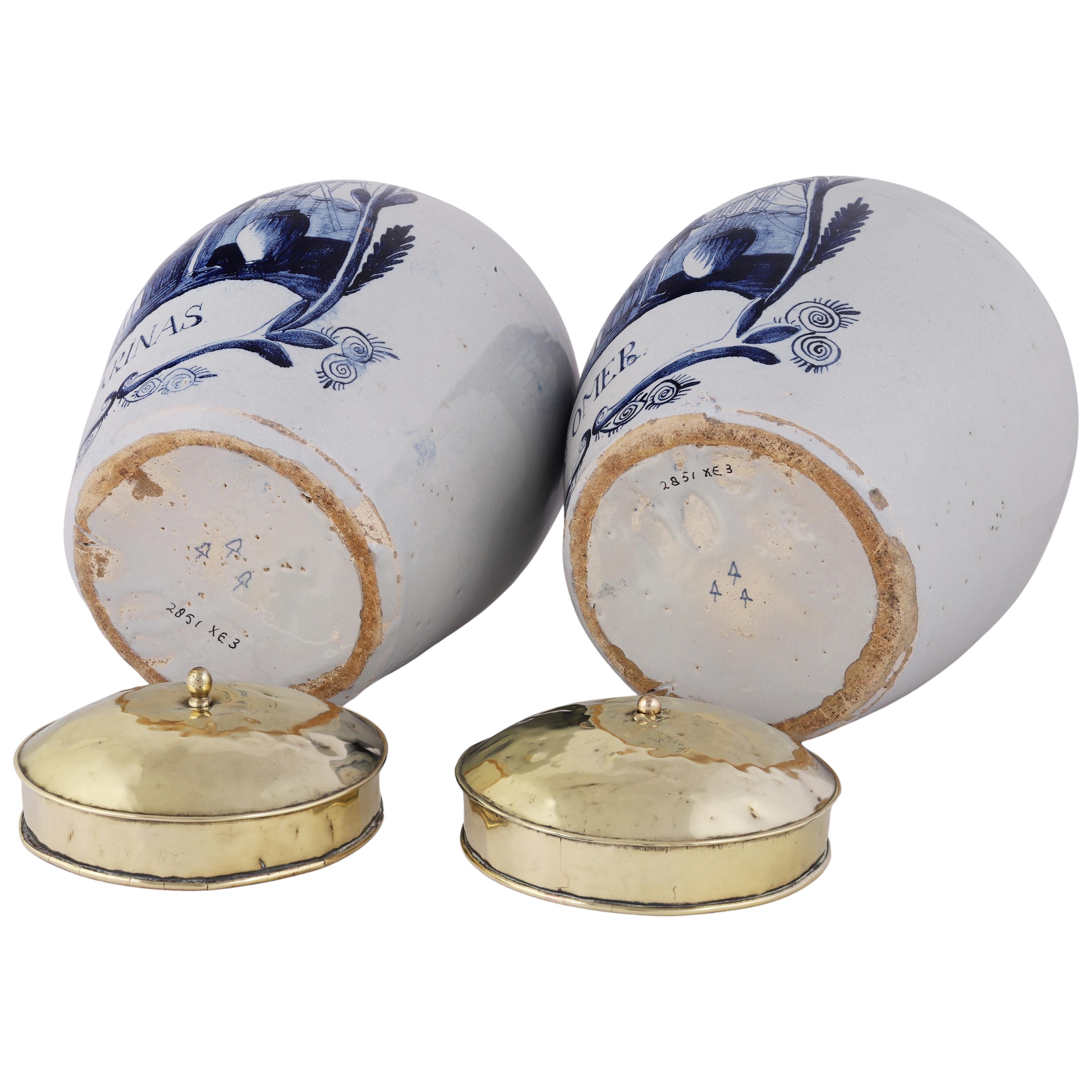 Ceramic Two Dutch Delft Tobacco Jars with Original Lids: Varinas St. Omer, 18th Century For Sale