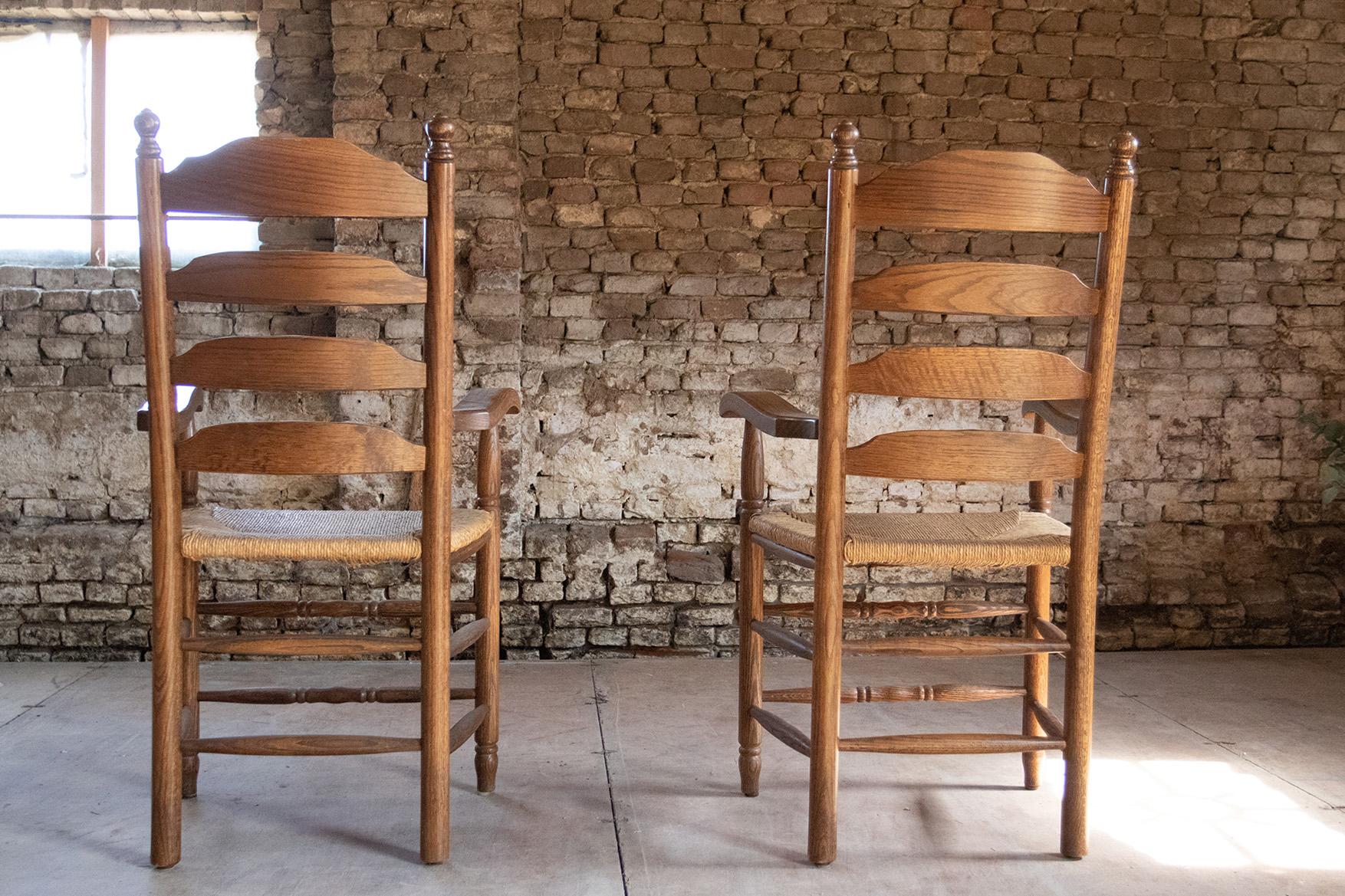 Two Dutch Knobs Ladder Back Oak Rush Seat Armchairs For Sale 1