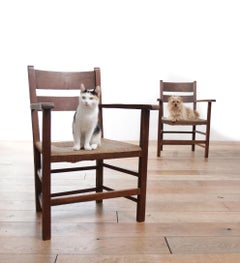 Two Dutch Ladder Back Oak Rush Seat Armchairs