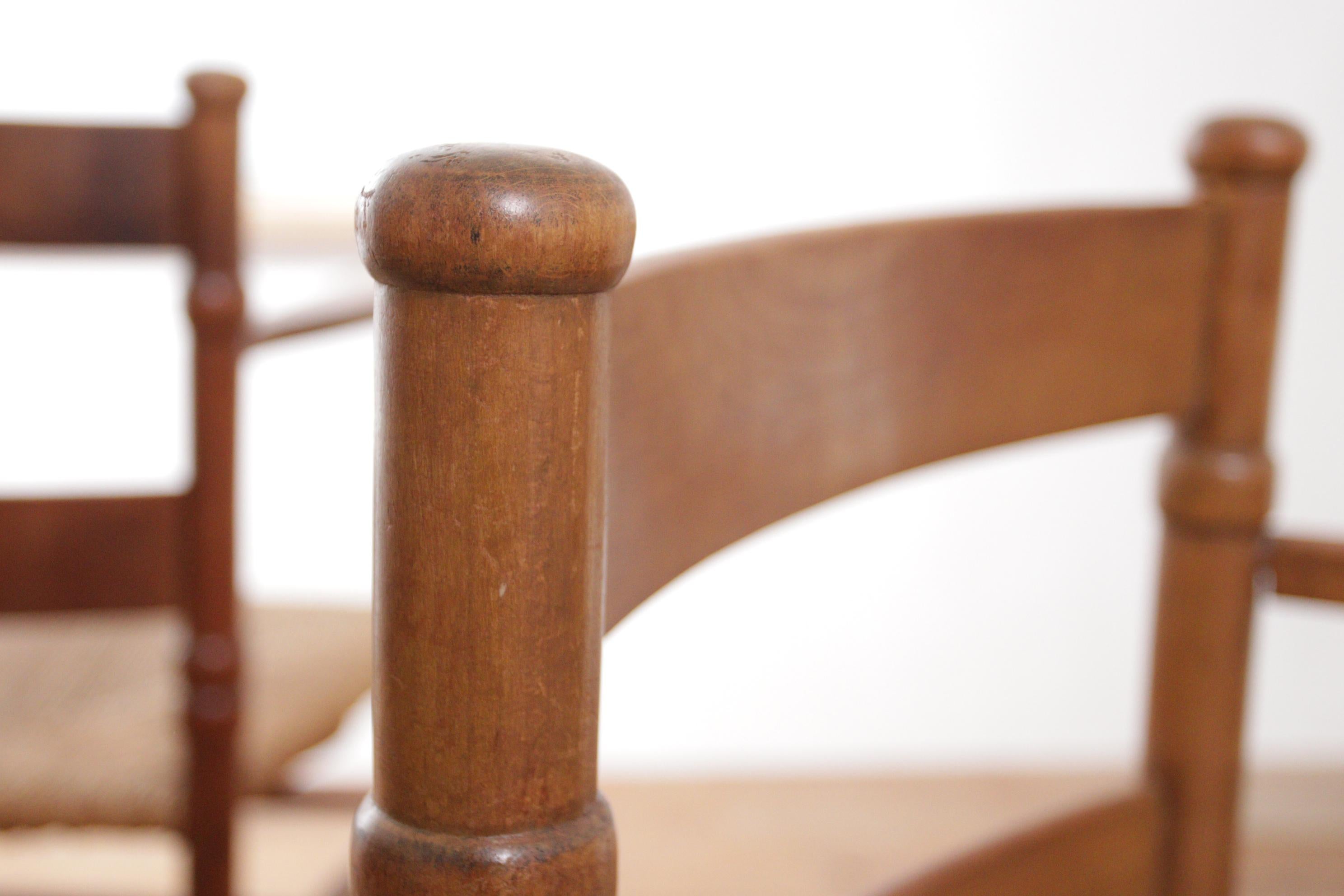 Two Dutch Rural Art Deco Ladder Back Oak Rush Seat Armchairs 1930's 5