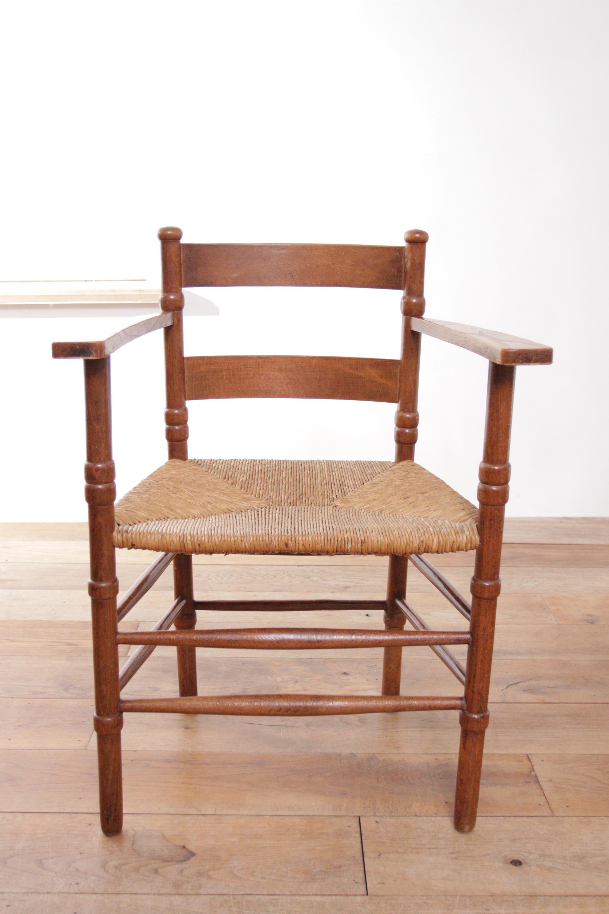 Two Dutch Rural Art Deco Ladder Back Oak Rush Seat Armchairs 1930's 6