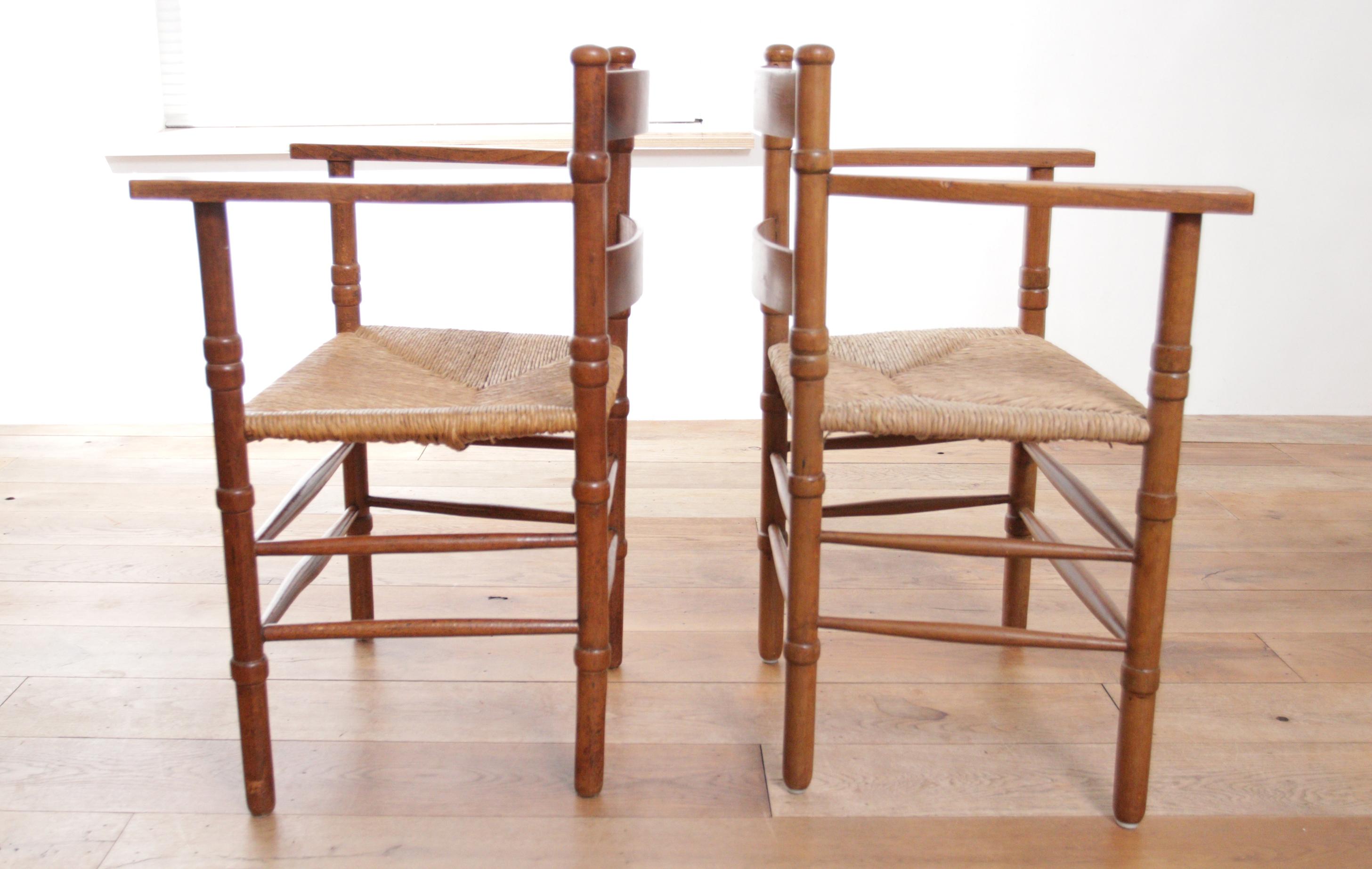 Country Two Dutch Rural Art Deco Ladder Back Oak Rush Seat Armchairs 1930's