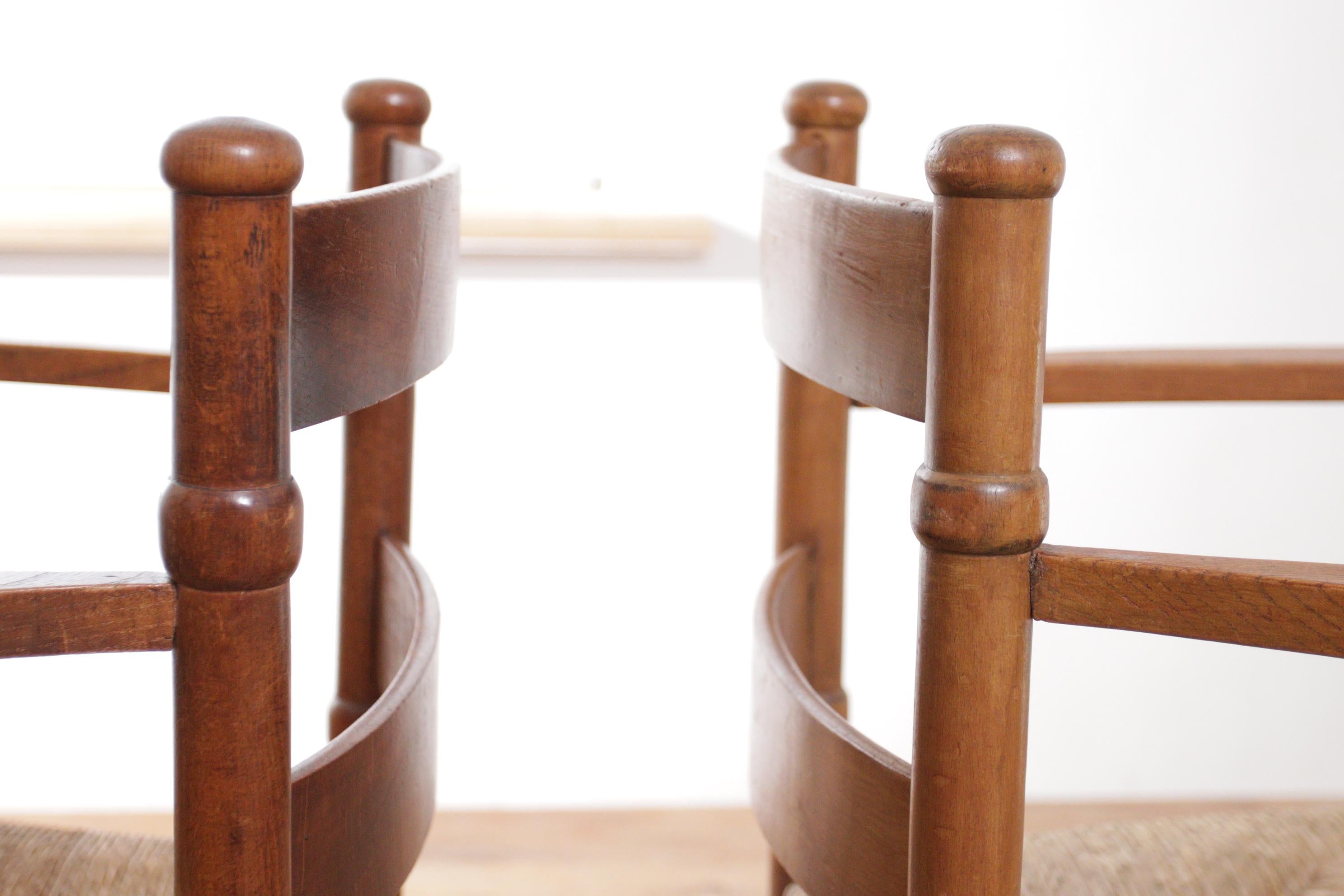 Two Dutch Rural Art Deco Ladder Back Oak Rush Seat Armchairs 1930's In Good Condition In Boven Leeuwen, NL