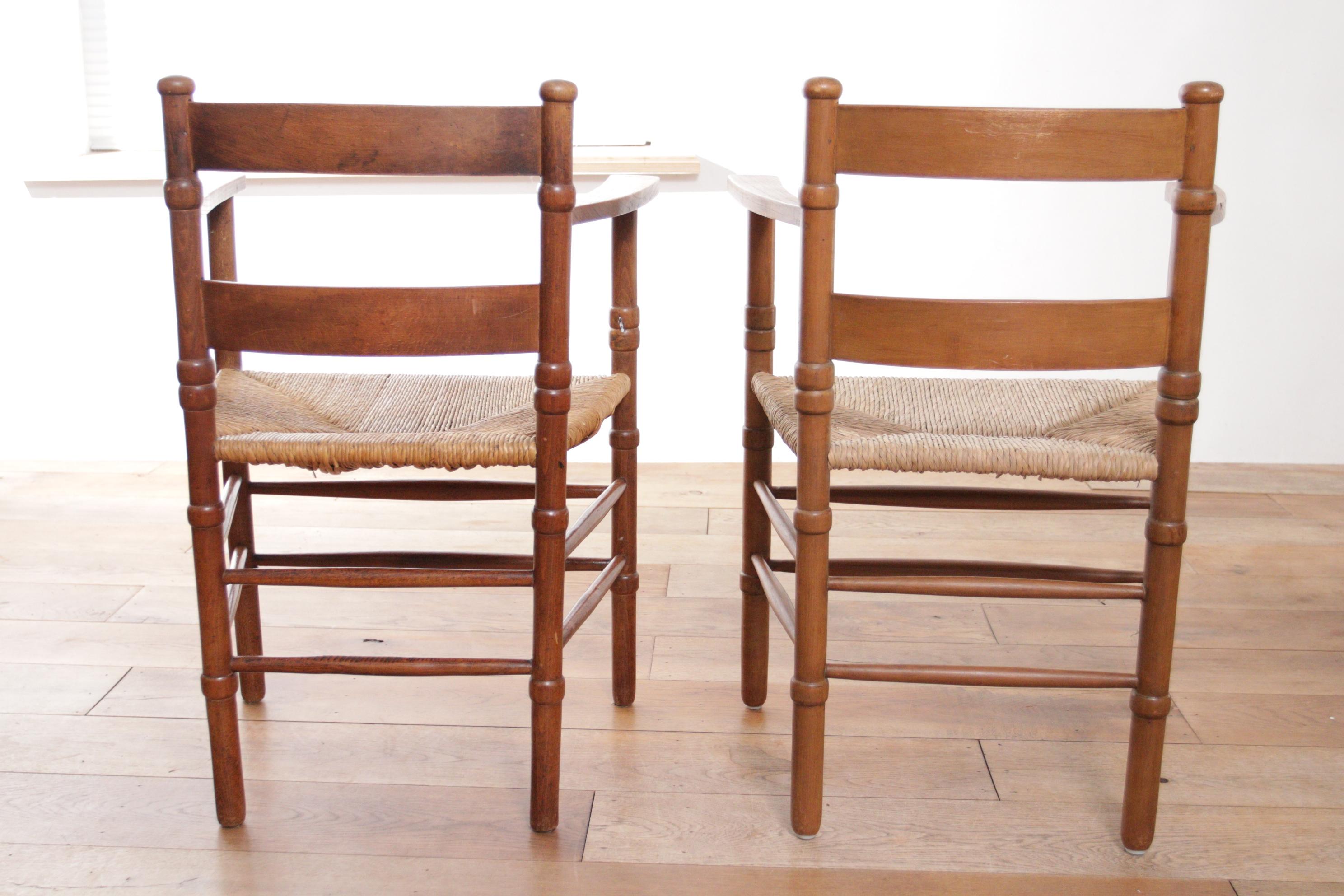 Mid-20th Century Two Dutch Rural Art Deco Ladder Back Oak Rush Seat Armchairs 1930's