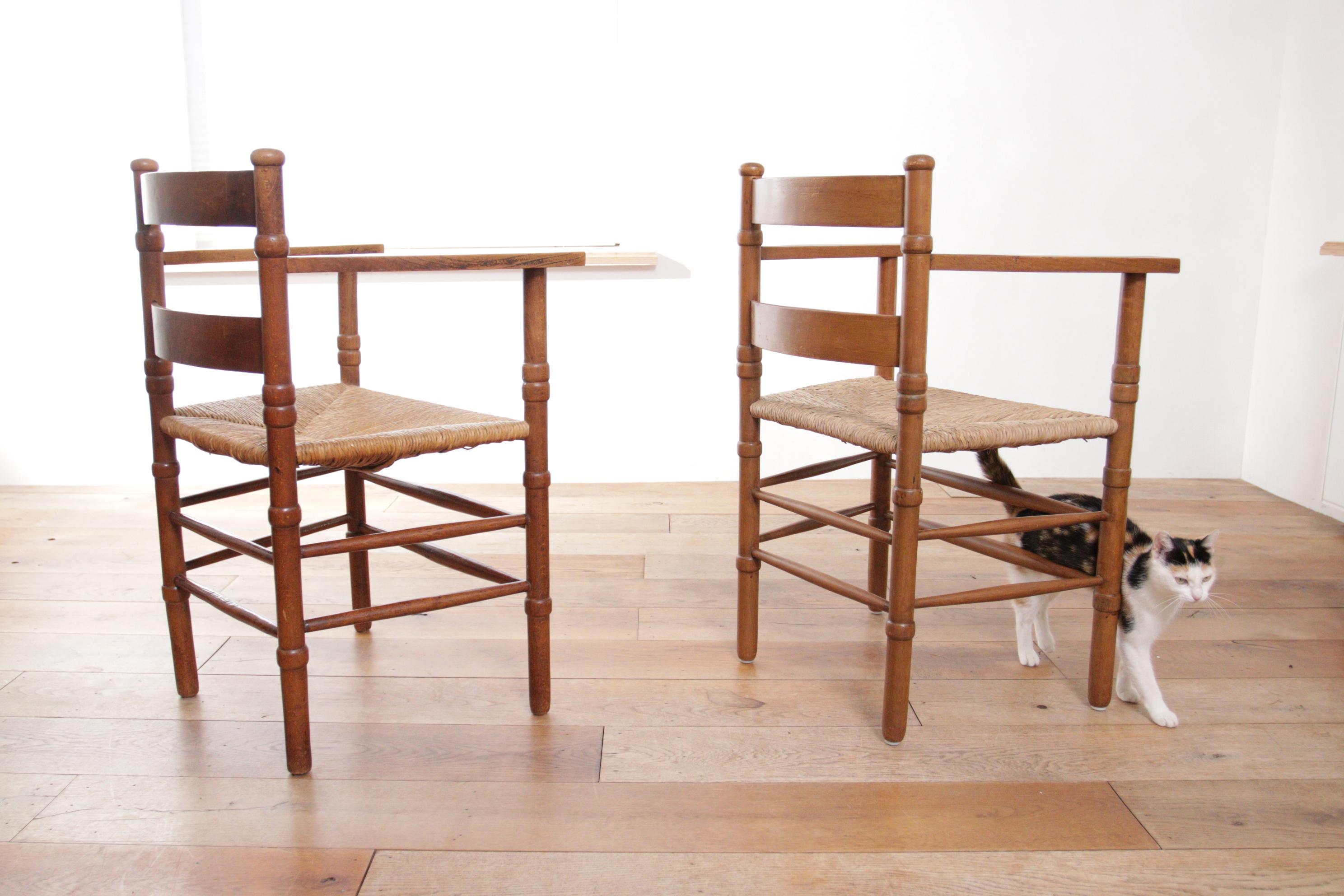 Two Dutch Rural Art Deco Ladder Back Oak Rush Seat Armchairs 1930's 1