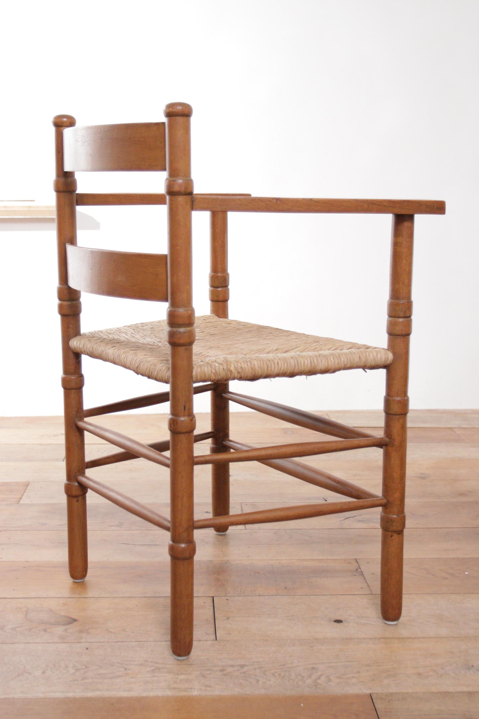 Two Dutch Rural Art Deco Ladder Back Oak Rush Seat Armchairs 1930's 2