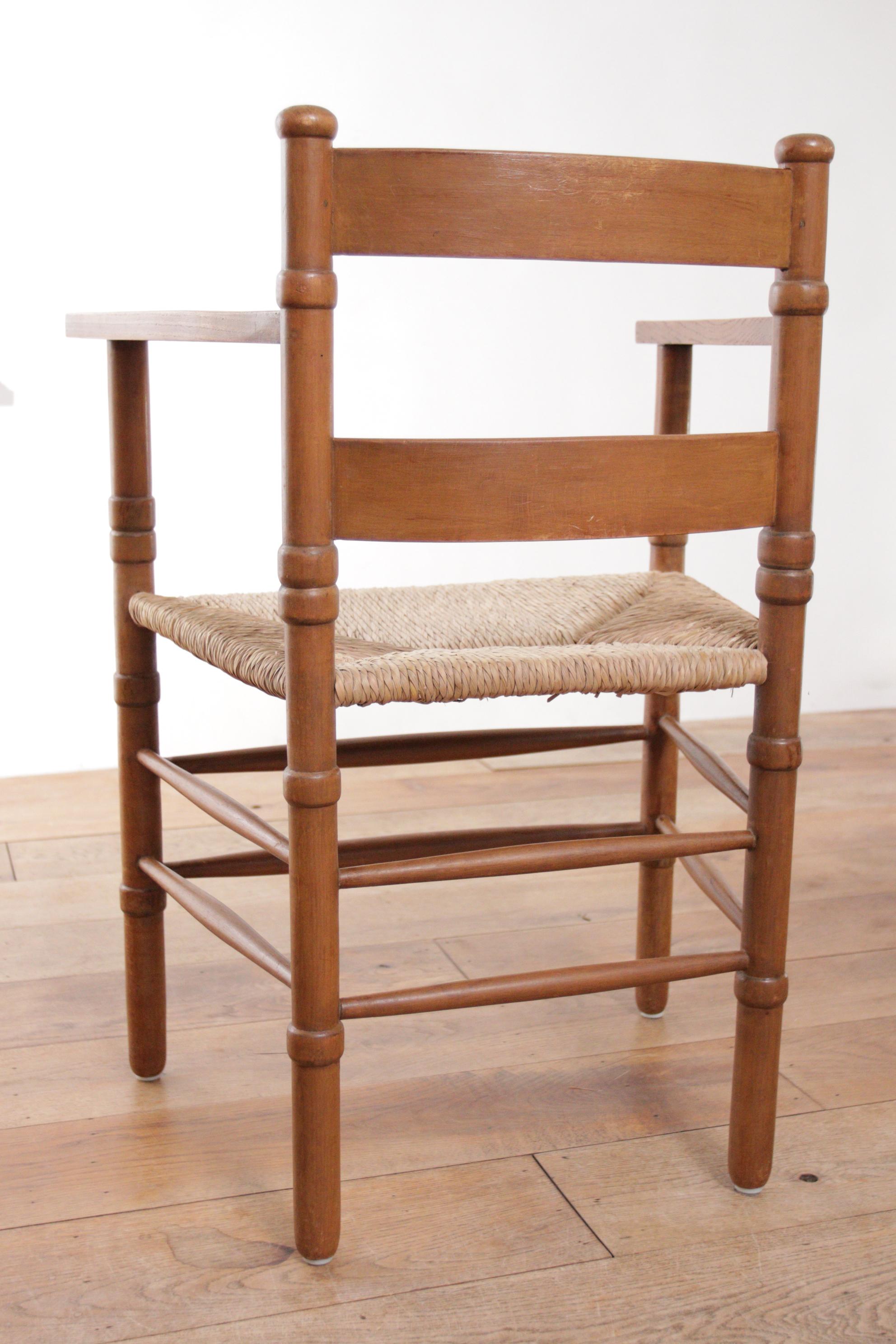Two Dutch Rural Art Deco Ladder Back Oak Rush Seat Armchairs 1930's 3