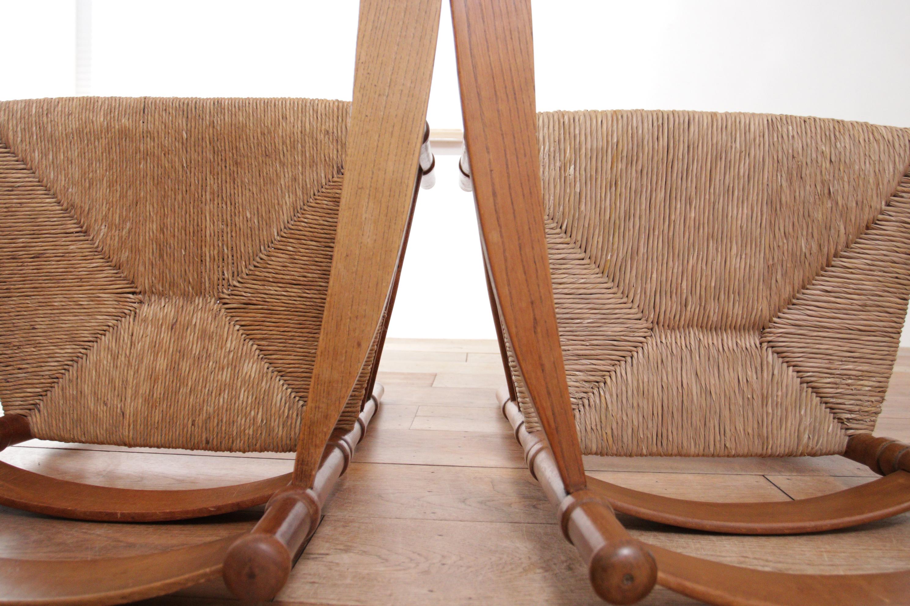 Two Dutch Rural Art Deco Ladder Back Oak Rush Seat Armchairs 1930's 4