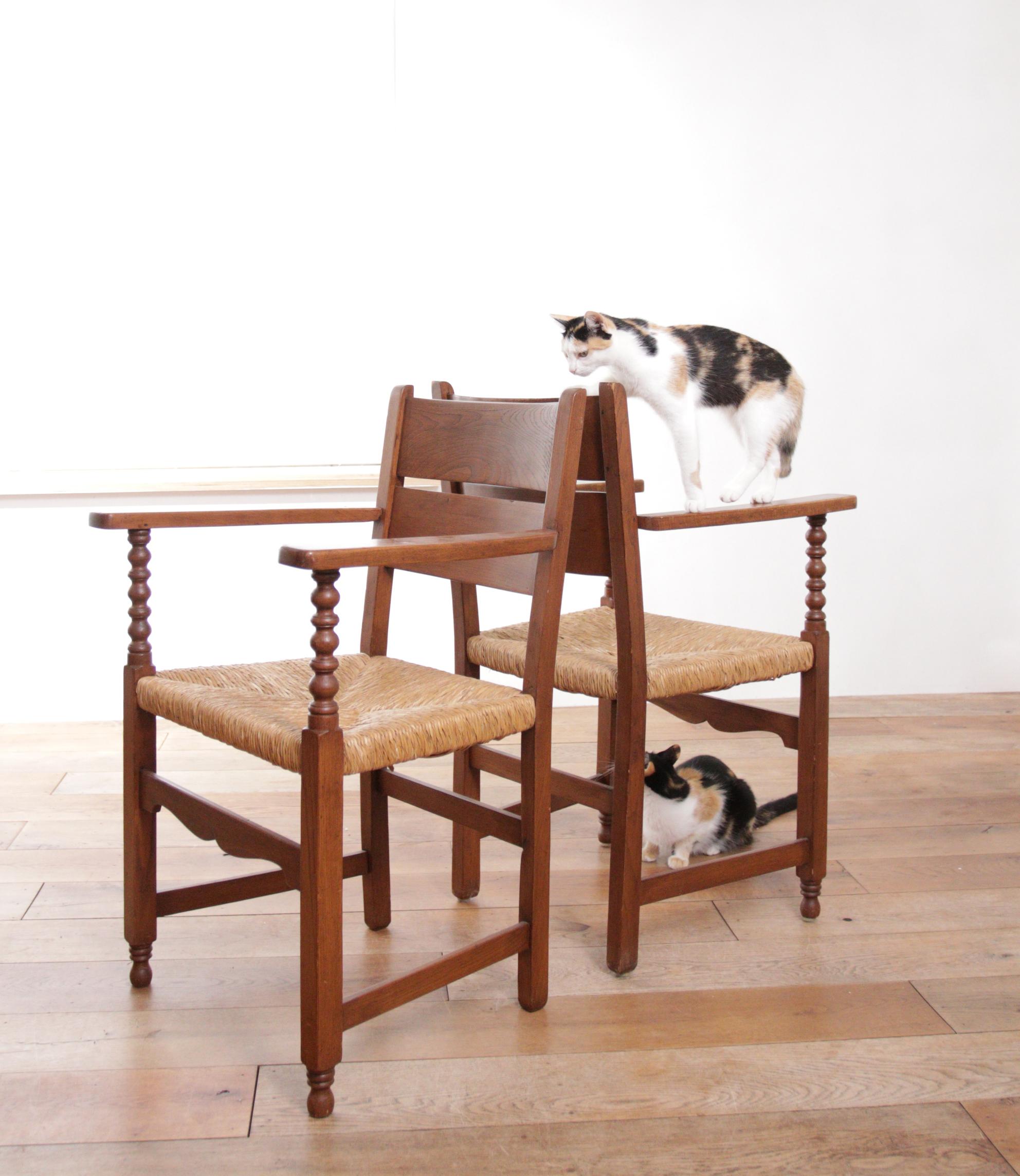 Two Dutch Rural Ladder Back Oak Rush Seat Armchairs 1950's  For Sale 8