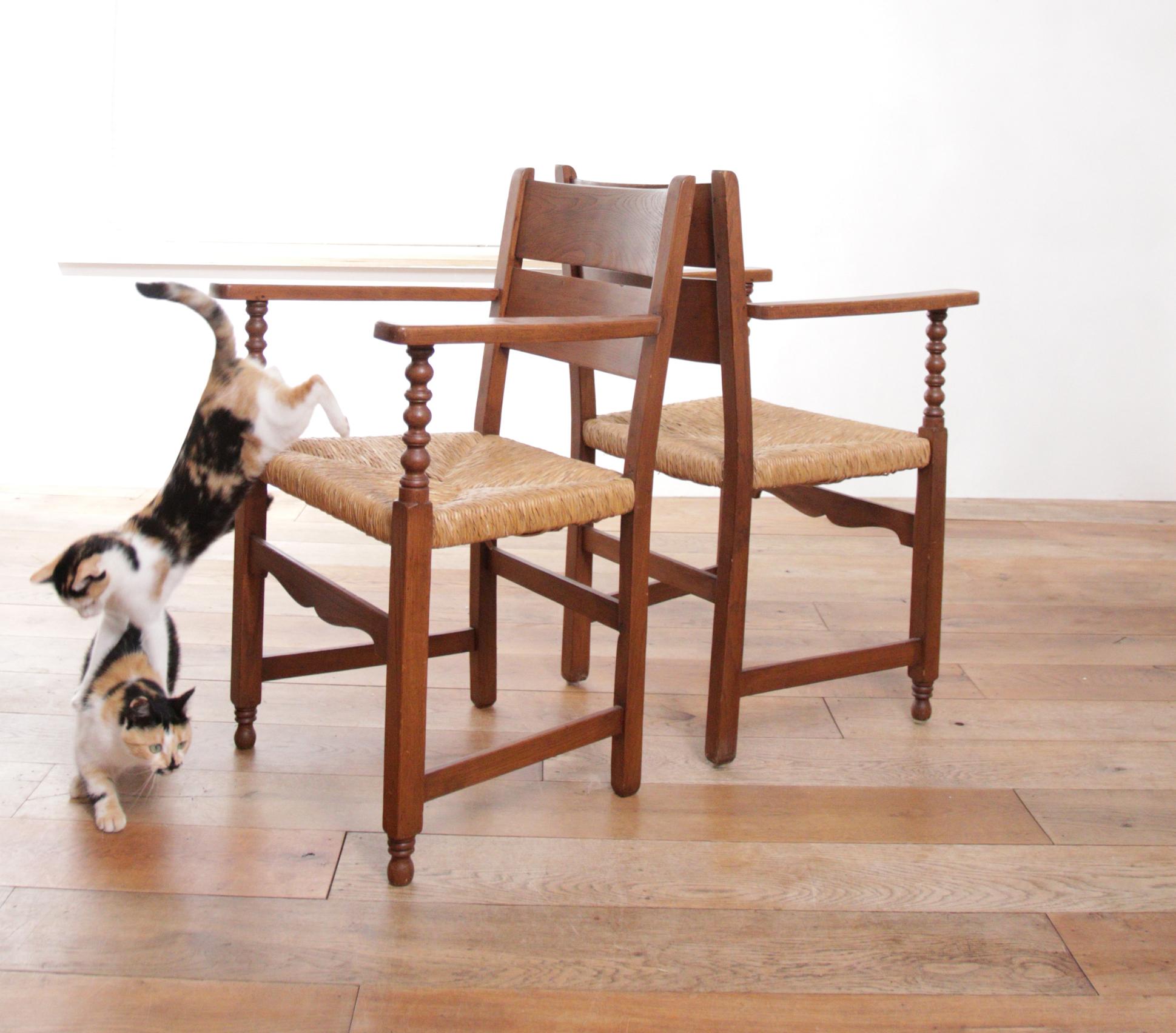 Two Dutch Rural Ladder Back Oak Rush Seat Armchairs 1950's  For Sale 9
