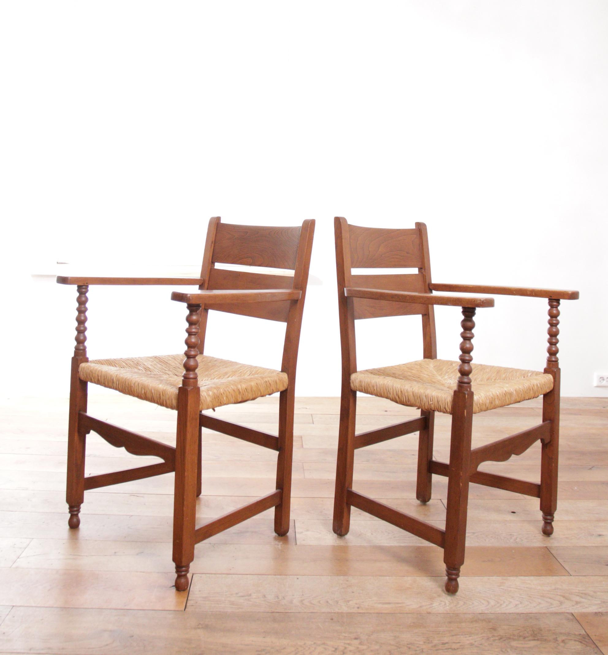 Two Dutch Rural Ladder Back Oak Rush Seat Armchairs 1950's  For Sale 12
