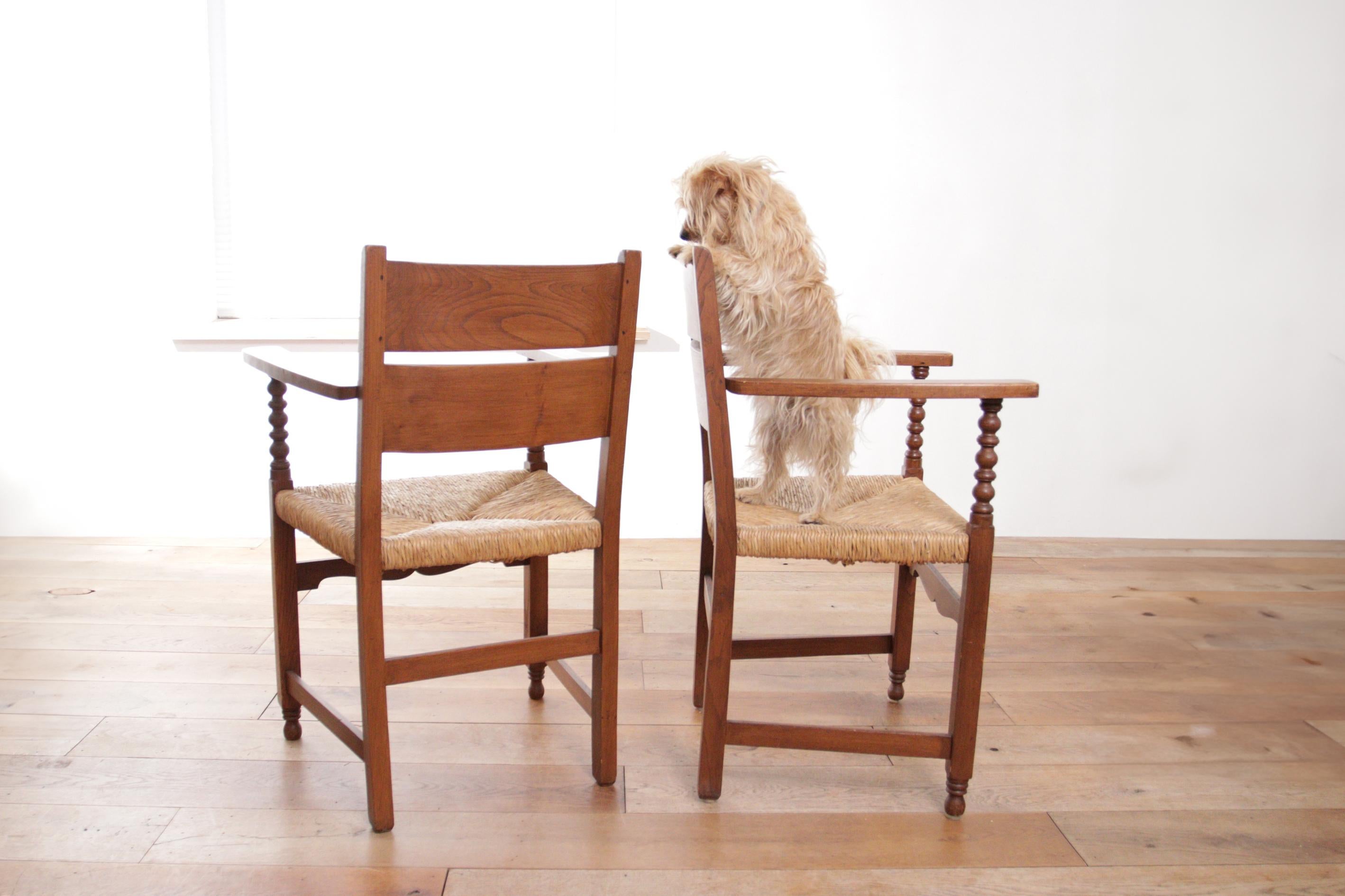 Two Dutch Rural Ladder Back Oak Rush Seat Armchairs 1950's  For Sale 14