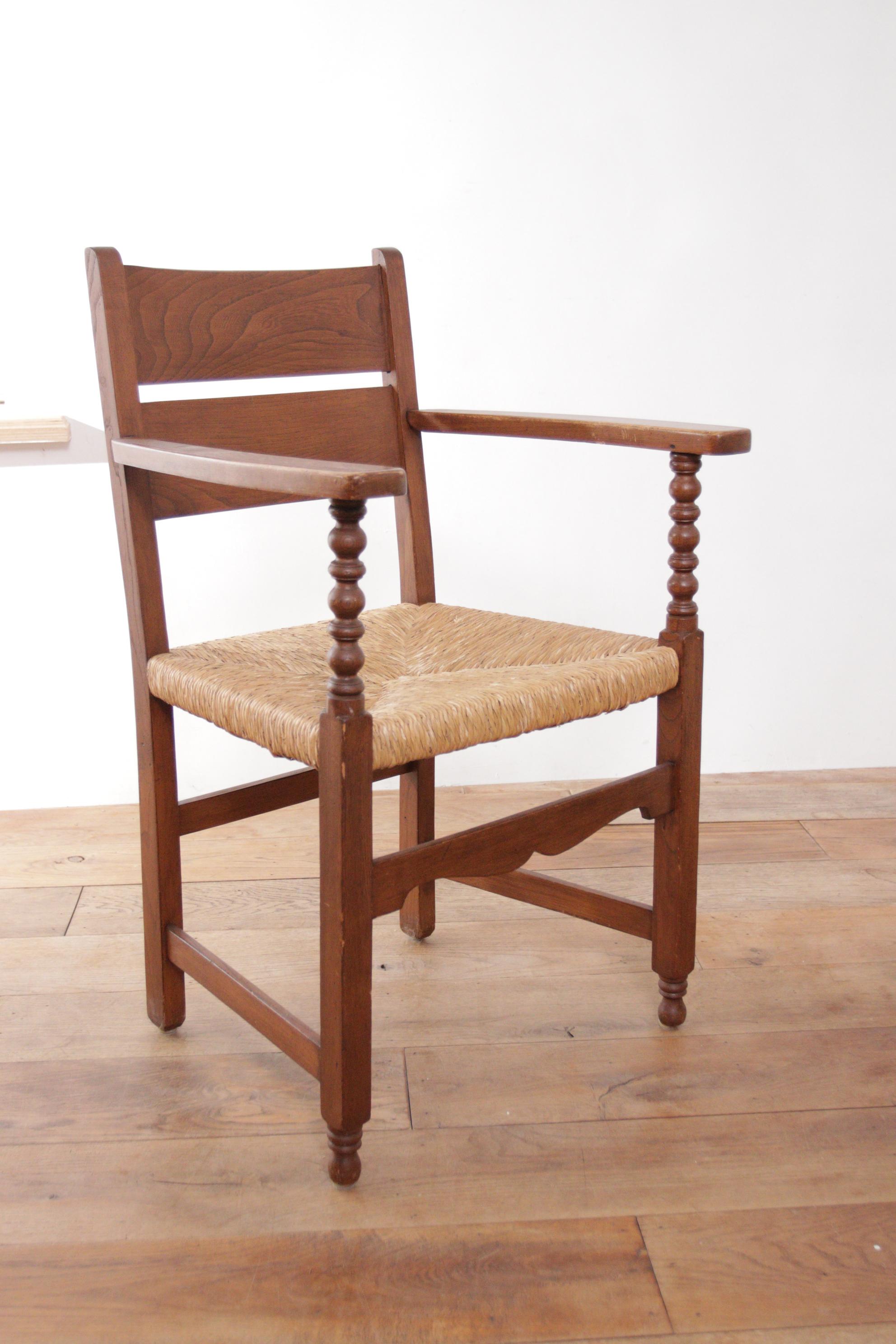 Two Dutch Rural Ladder Back Oak Rush Seat Armchairs 1950's  For Sale 1