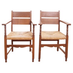 Two Dutch Rural Ladder Back Oak Rush Seat Armchairs 1950's