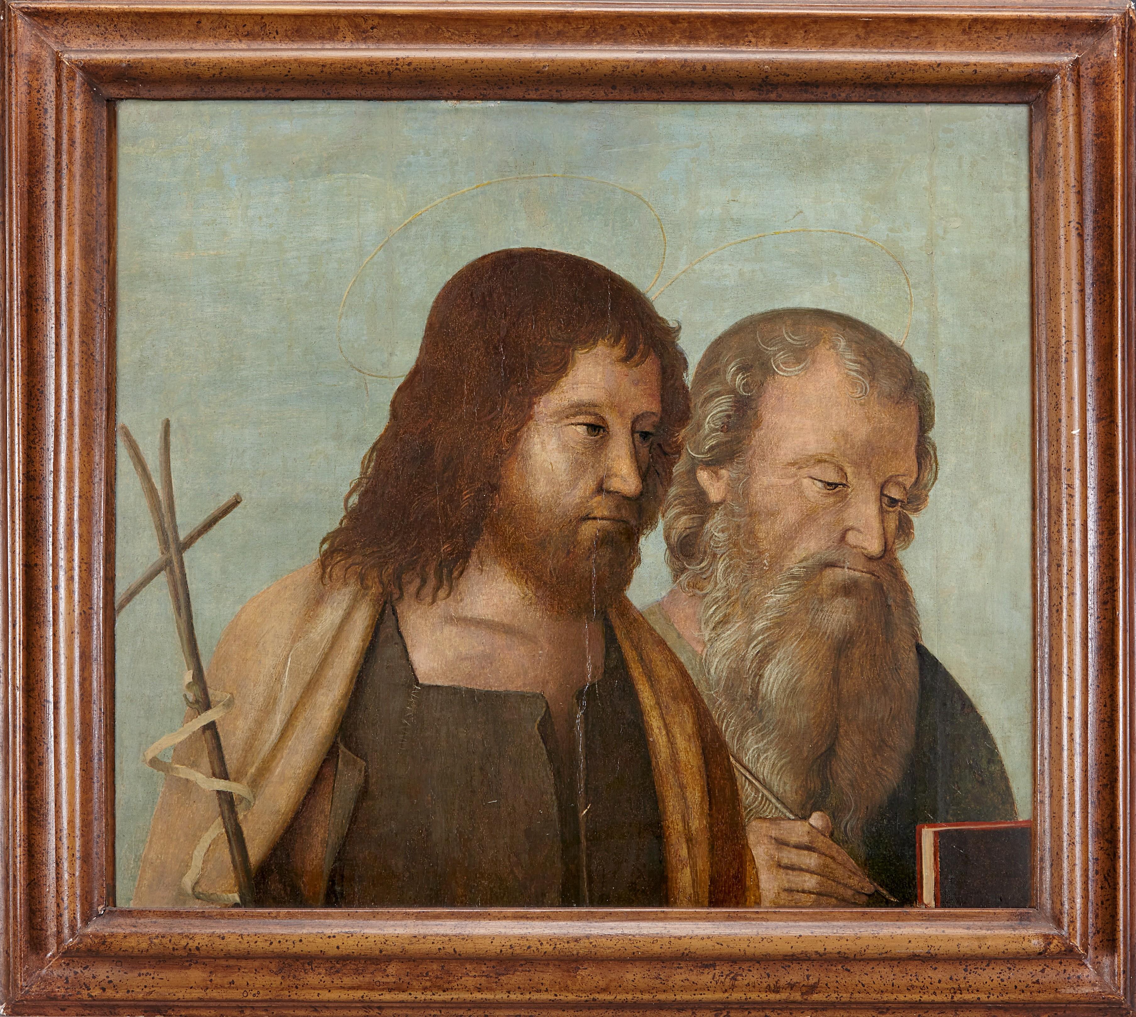 Venetian school, early 16th century

Oil on panel, 49 x 56 cm.
Framed (restorations)

These two panel paintings, portraying John the Baptist and Saint Jerome on one panel, and Saints Peter and Paul on the other panel, are likely fragments of