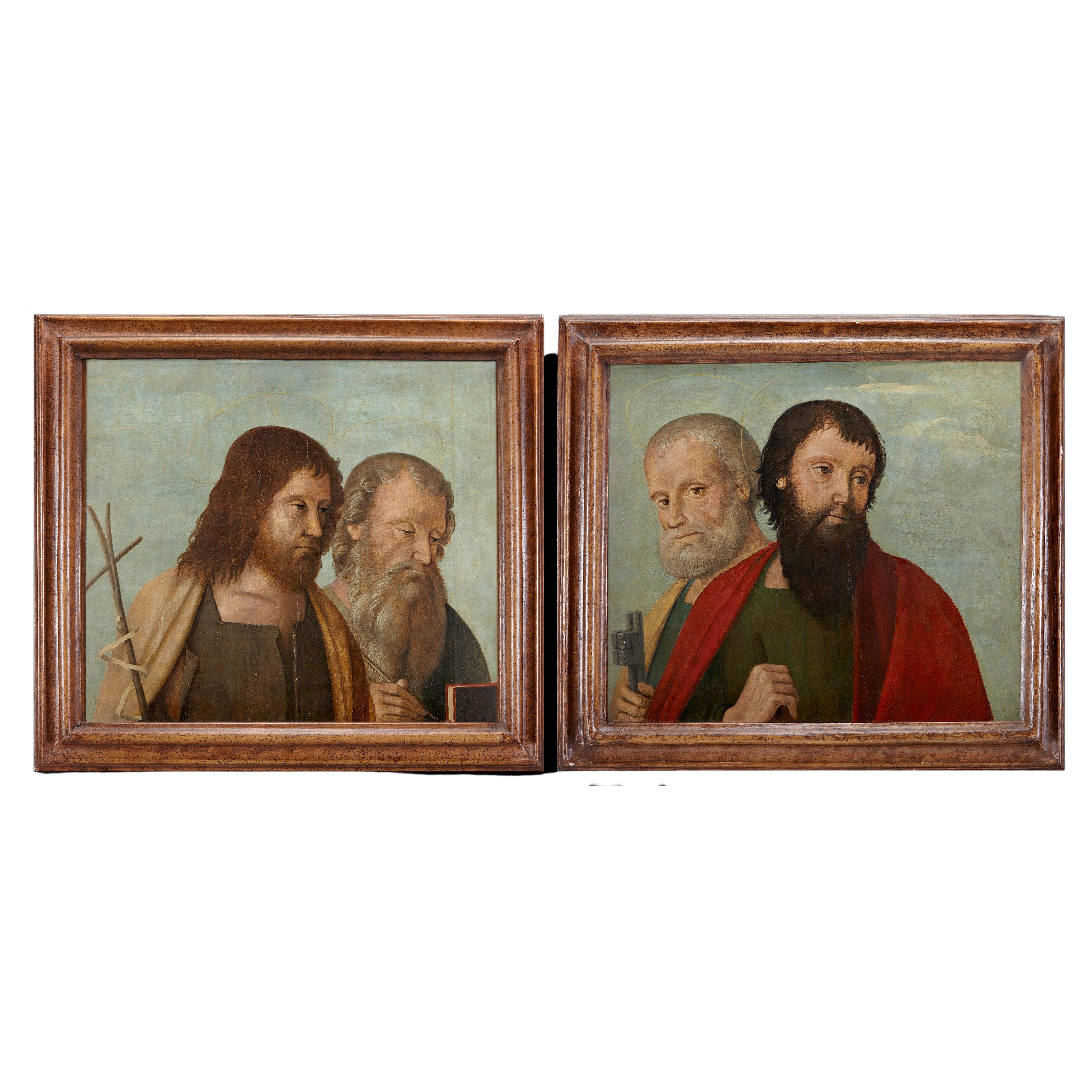 Zwei venezianische Tafelgemälde mit Heiligen und Aposteln aus dem frühen 16. Jahrhundert im Angebot