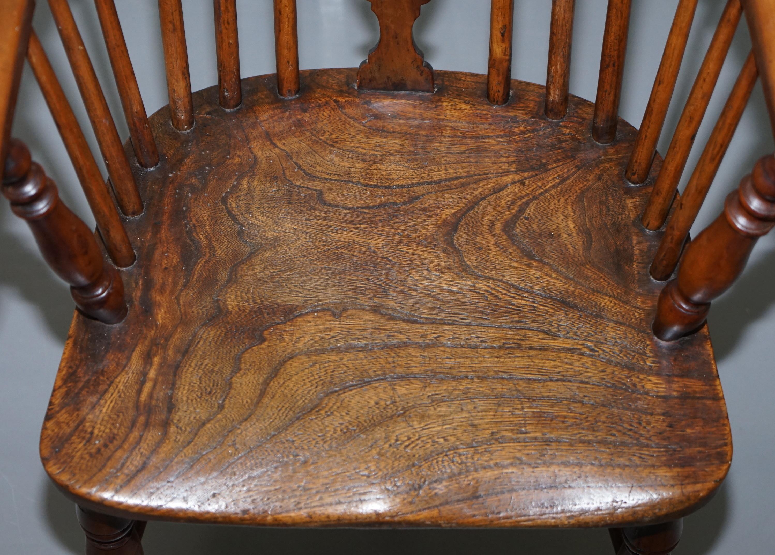 Two Early 19th Century Burr Yew Wood & Elm Windsor Armchairs Part Set of Four 9