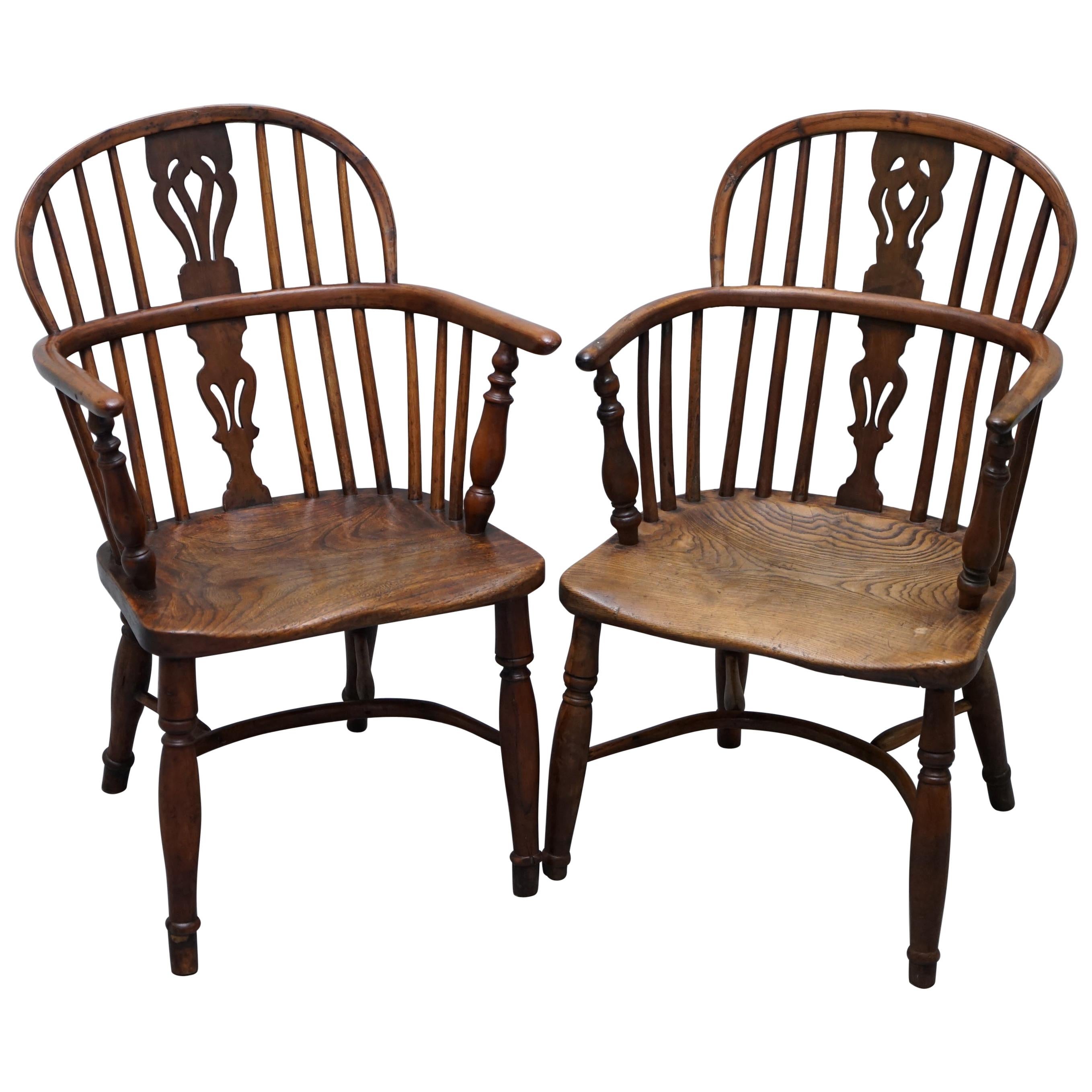 Two Early 19th Century Burr Yew Wood & Elm Windsor Armchairs Part Set of Four
