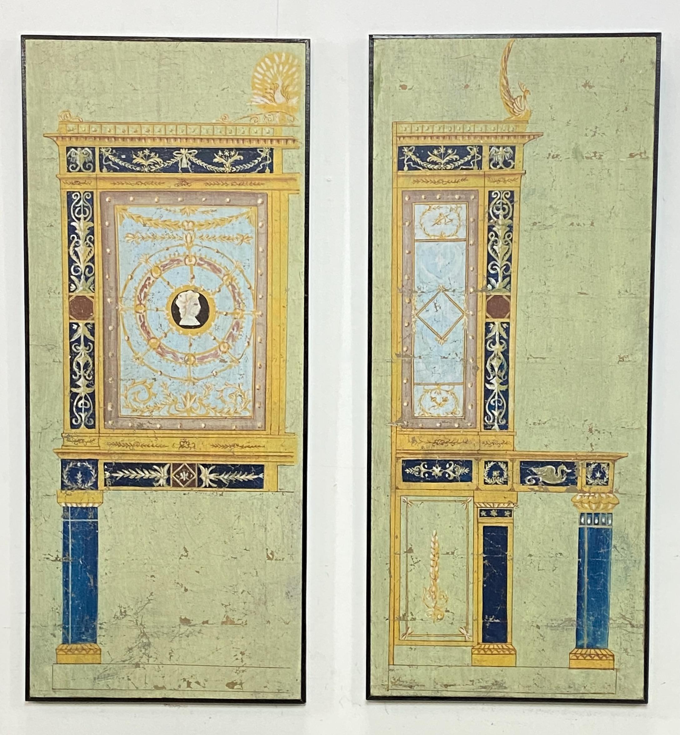 Paire d'aquarelles gouachées (à base de craie colorée) sur papier, peintes à la main, dans le style de la période impériale, provenant de Pompéi (Italie). 
Elles font probablement partie d'un écran décoratif ou d'une peinture murale de la fin du 18e