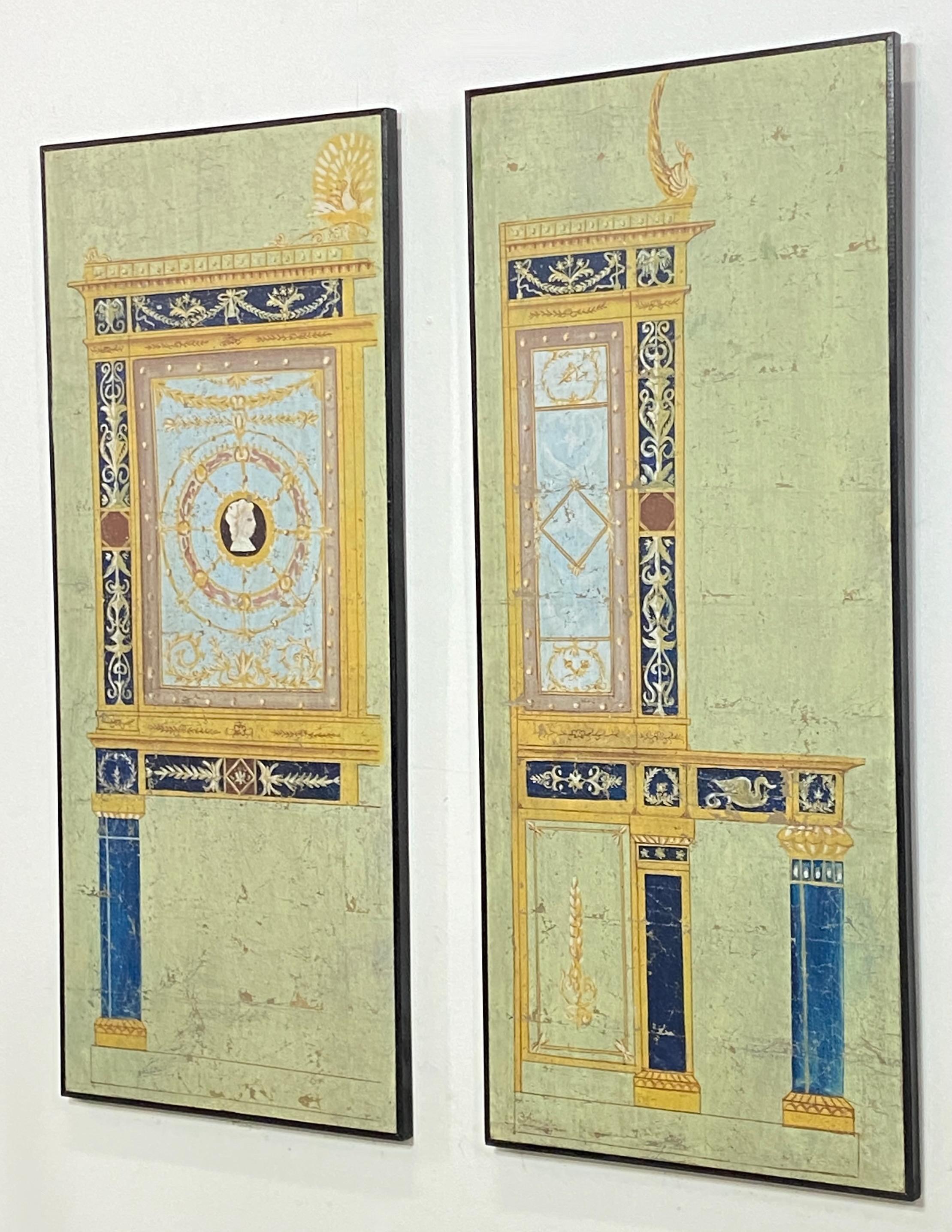 Néoclassique Deux panneaux de paravent néoclassique peints à la main au début du 19e siècle en France en vente