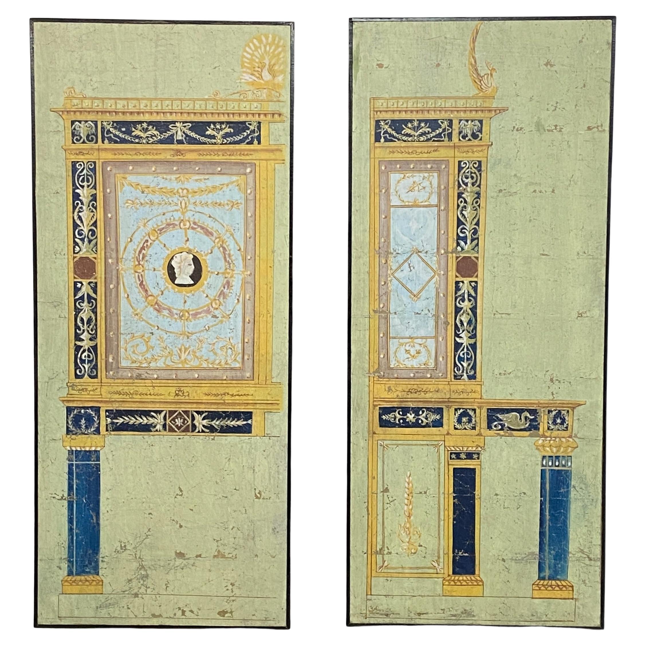 Deux panneaux de paravent néoclassique peints à la main au début du 19e siècle en France en vente