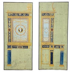 Deux panneaux de paravent néoclassique peints à la main au début du 19e siècle en France