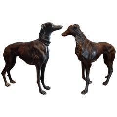 Two Early 20th Century Lifesize Bronze Statues of Male and Female Greyhound  