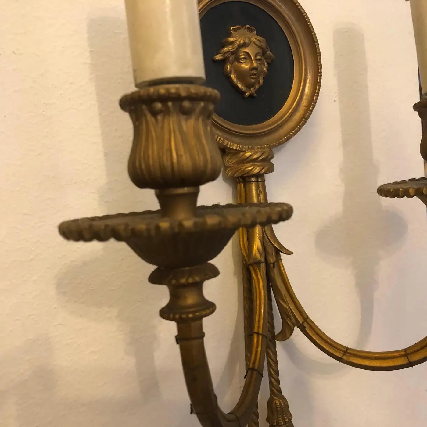 Hand-Crafted Two Early 20th Century Louis XVI Style Gilded Bronze Italian Medusa Wall Sconces For Sale