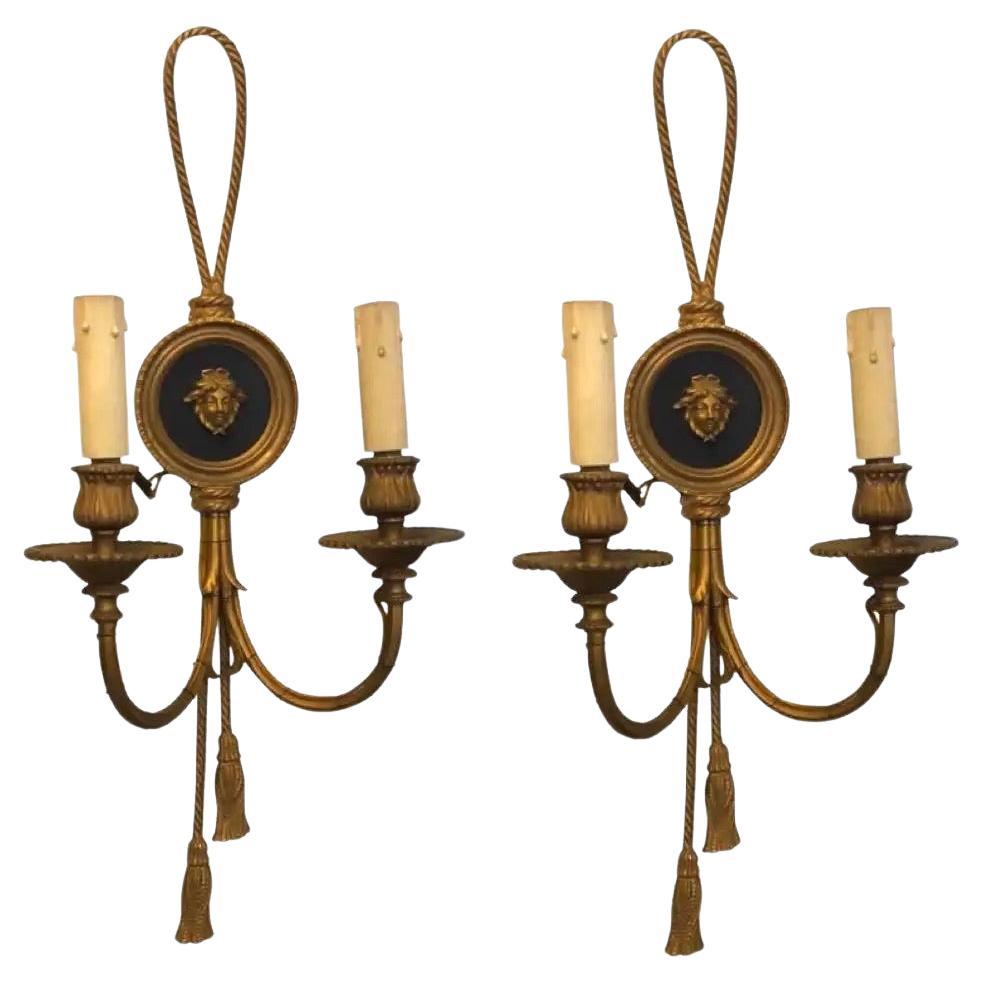 Two Early 20th Century Louis XVI Style Gilded Bronze Italian Medusa Wall Sconces For Sale