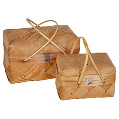 Two early 20th century pine woven decorative boxes