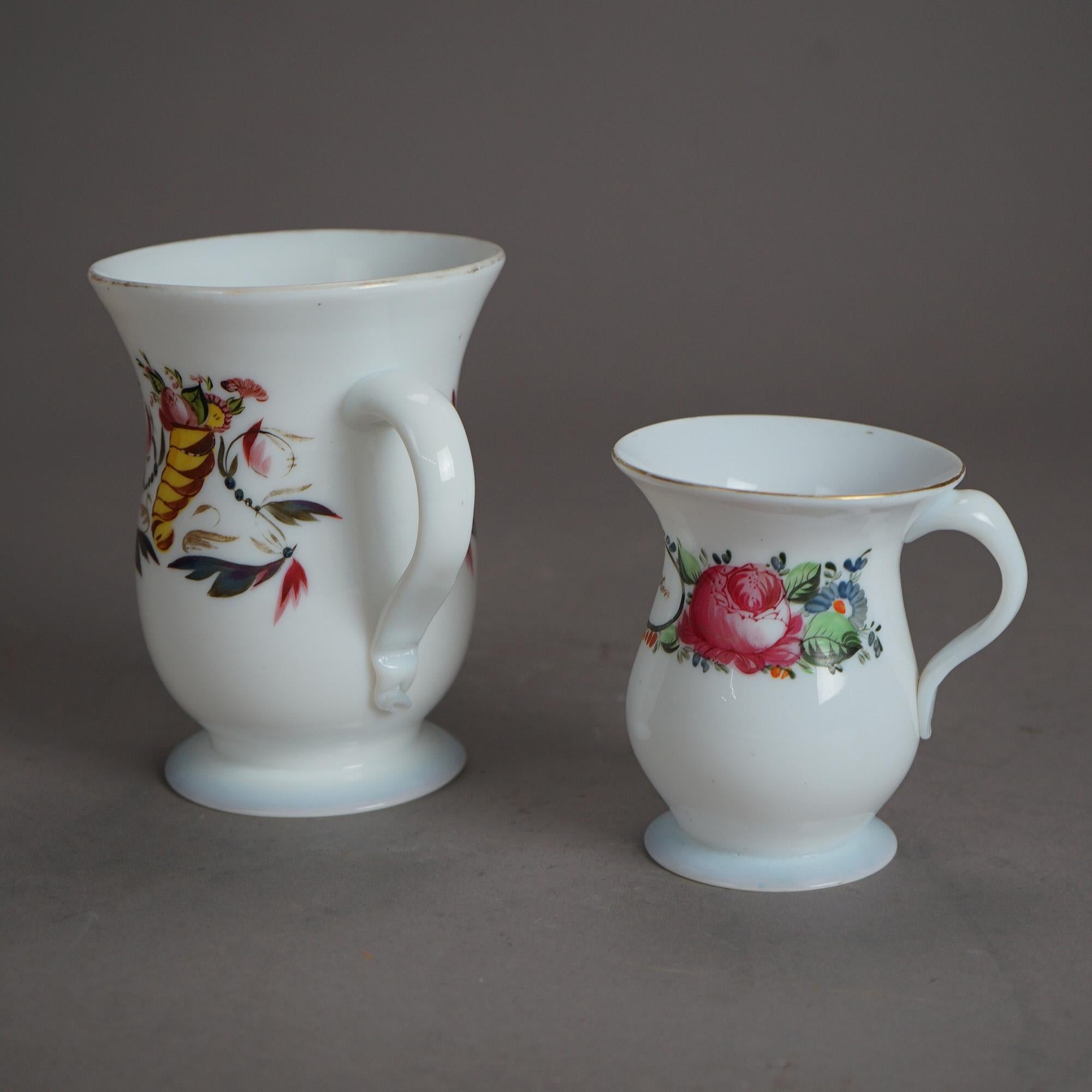Enameled Two Early Antique Enamel & Gilt Decorated Opaline Glass Mugs 18th C