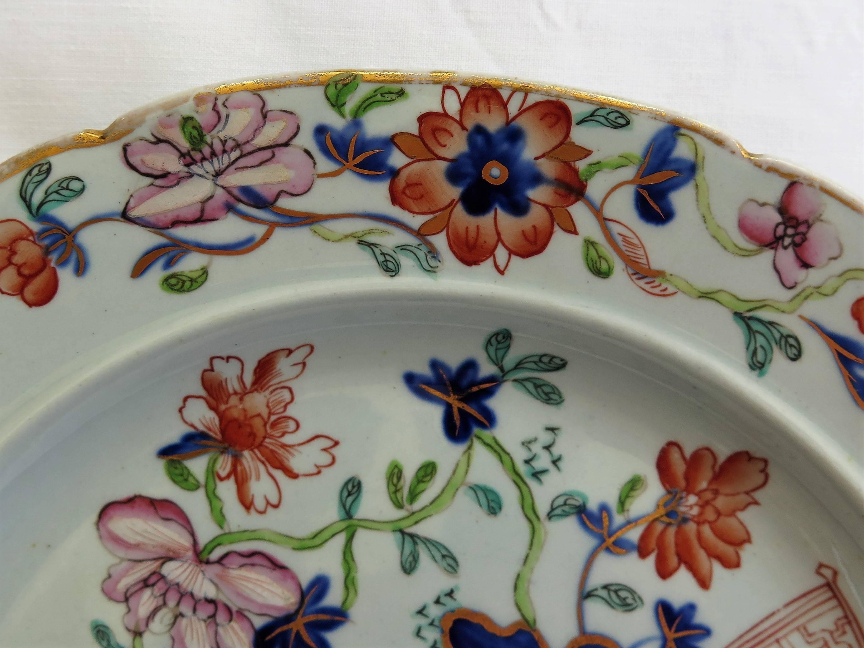 Hand-Painted Two Early Mason's Ironstone Dinner Plates Rare Heavily Gilded Patterns