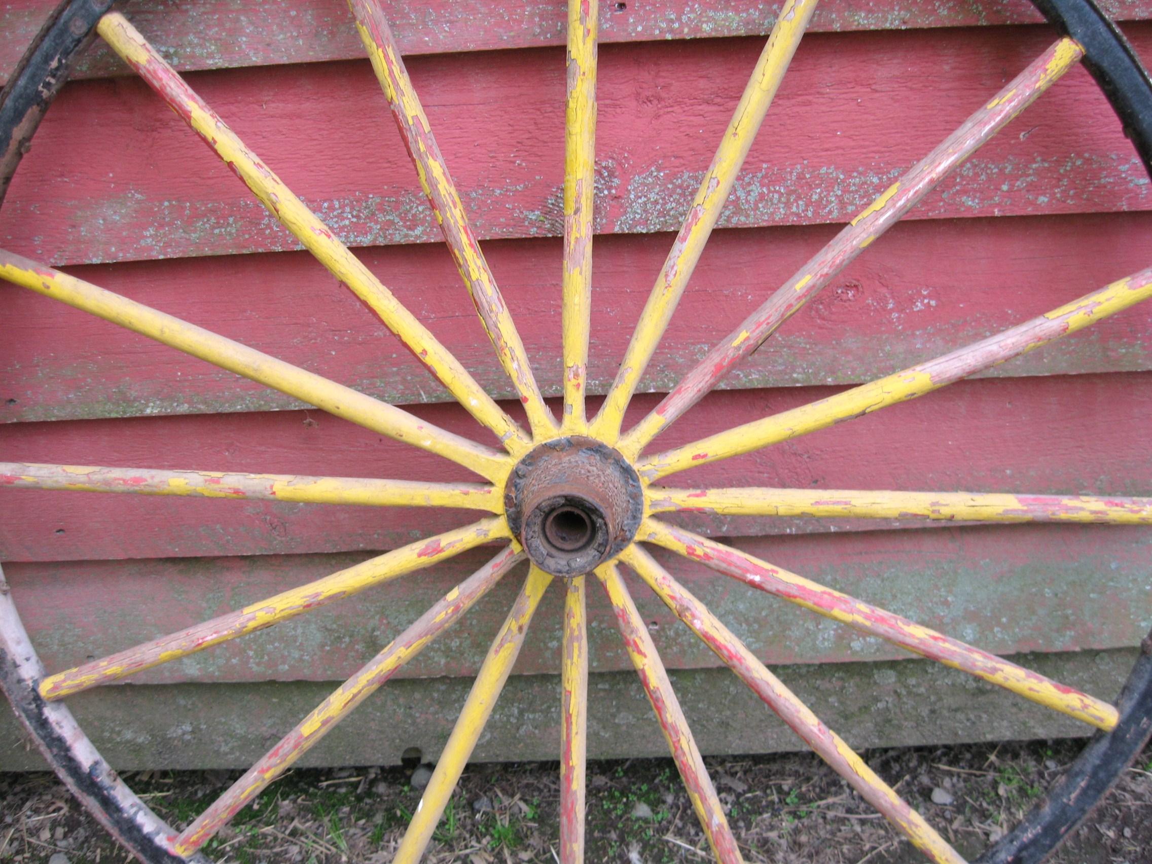American Two Early Painted Wood and Metal Wagon or Fire Engine Wheels For Sale