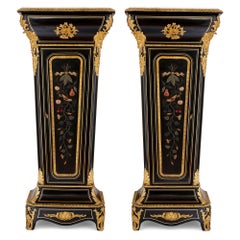 Two Ebonised Wood, Gilt Bronze and Pietra Dura Pedestal Cabinets
