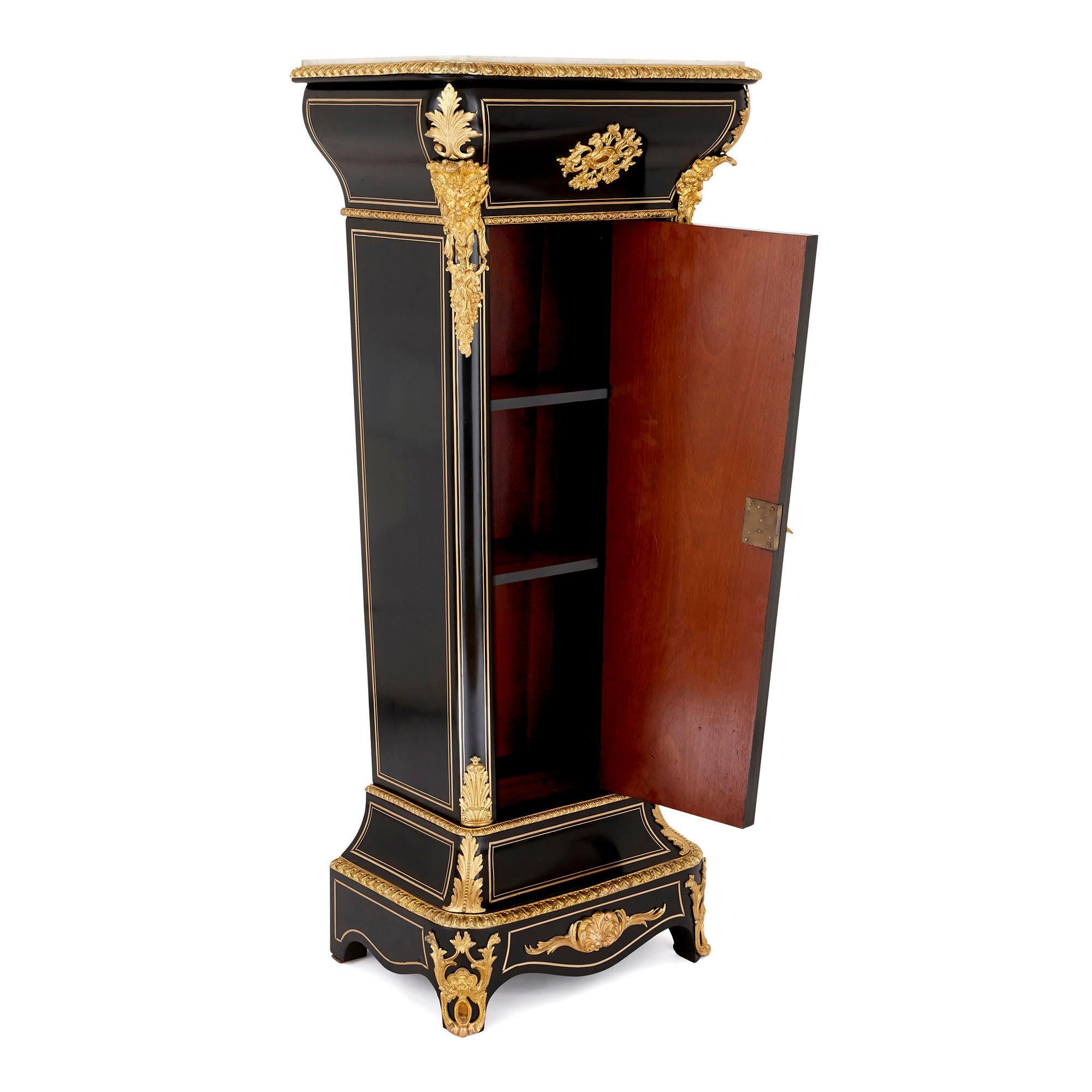 French Two Ebonised Wood, Gilt Bronze and Pietra Dura Pedestal Cabinets