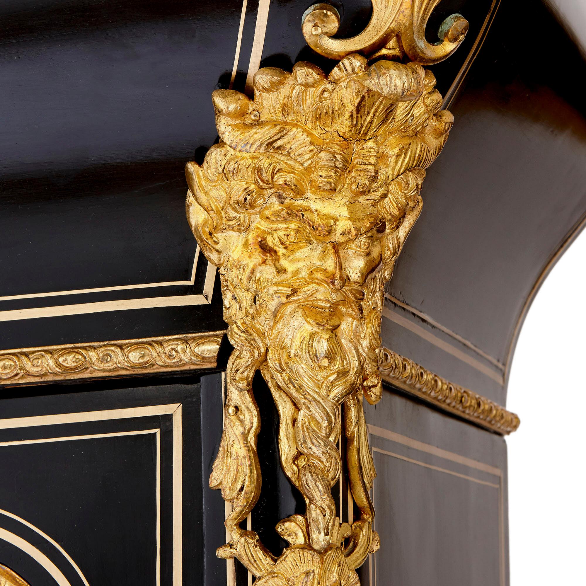 Brass Two Ebonised Wood, Gilt Bronze and Pietra Dura Pedestal Cabinets