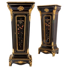 Two Ebonised Wood, Gilt Bronze and Pietra Dura Pedestal Cabinets