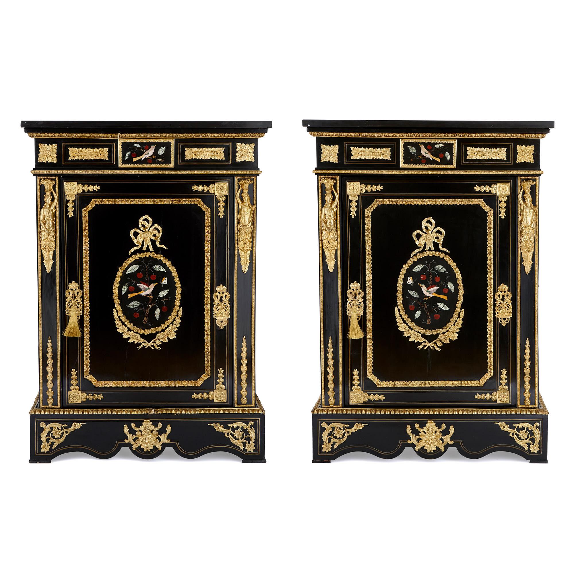 Louis XVI Two Ebonised Wood, Pietra Dura and Gilt Bronze Cabinets