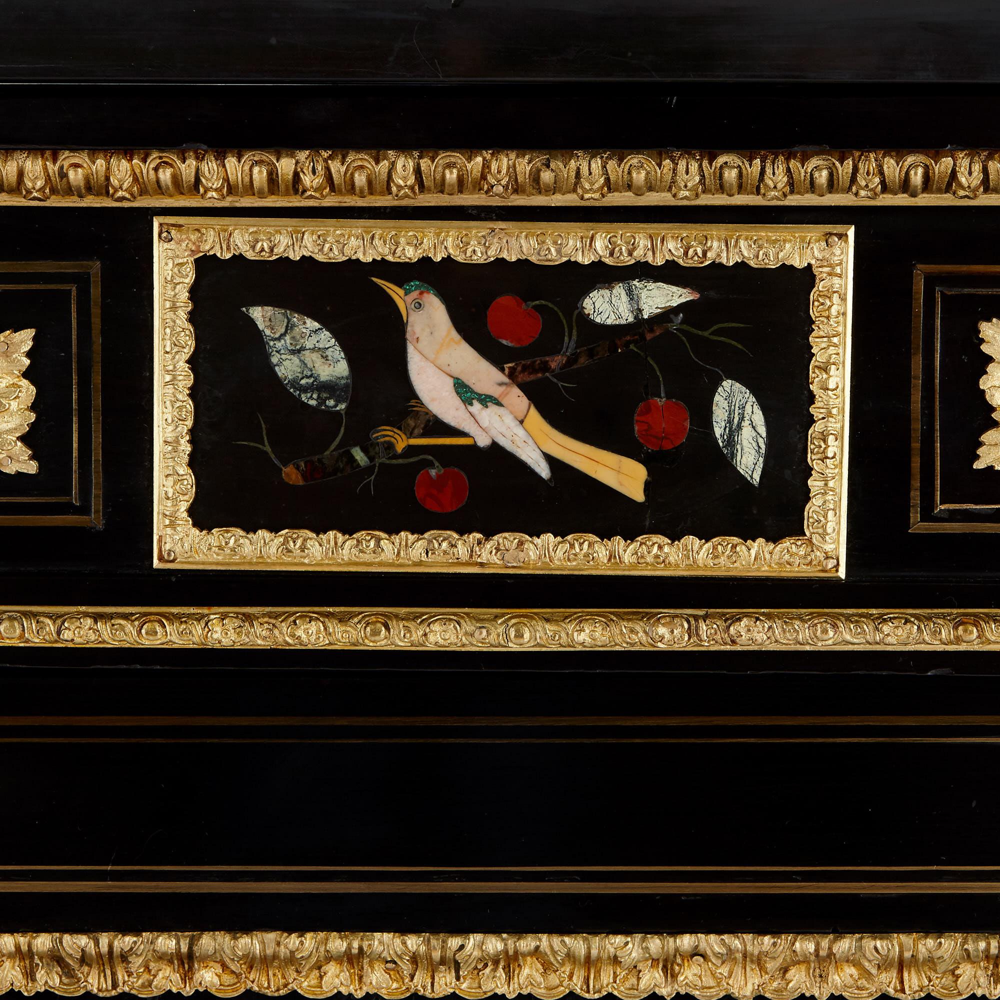 Late 19th Century Two Ebonised Wood, Pietra Dura and Gilt Bronze Cabinets