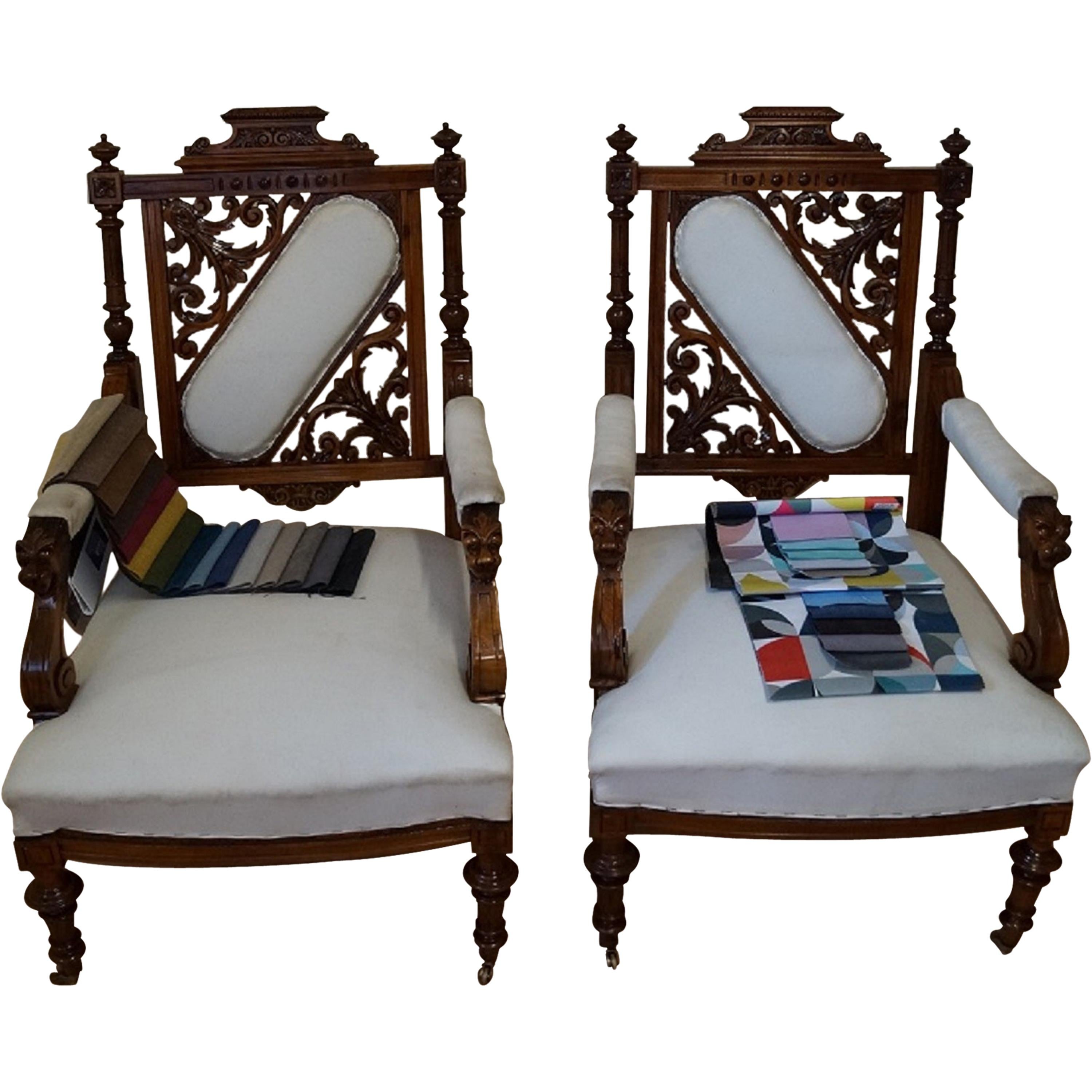 Two Eclectic Walnut Armchairs from 1880 For Sale