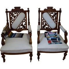 Antique Two Eclectic Walnut Armchairs from 1880