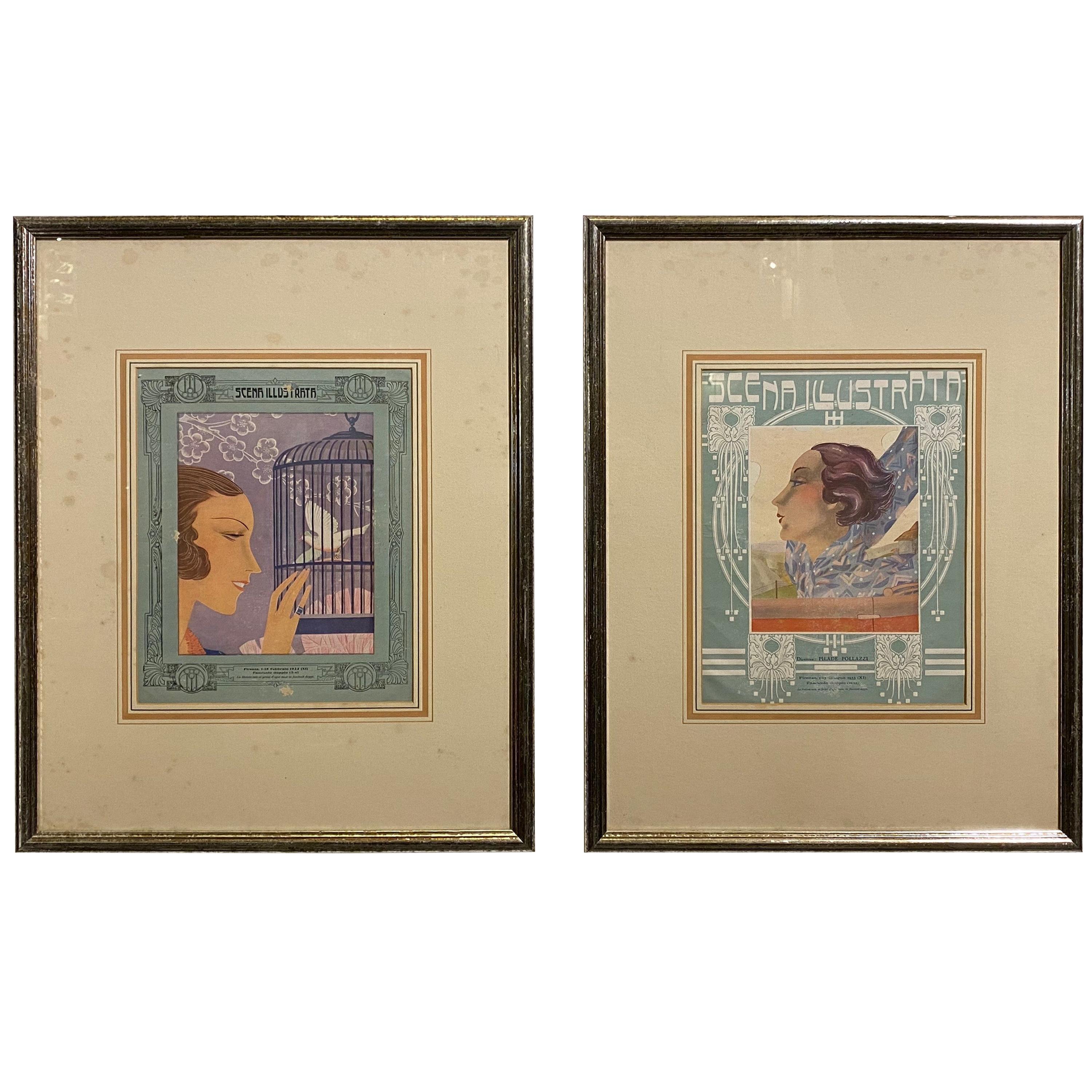 Two Elegant Framed Art Deco Italian Prints, circa 1930
