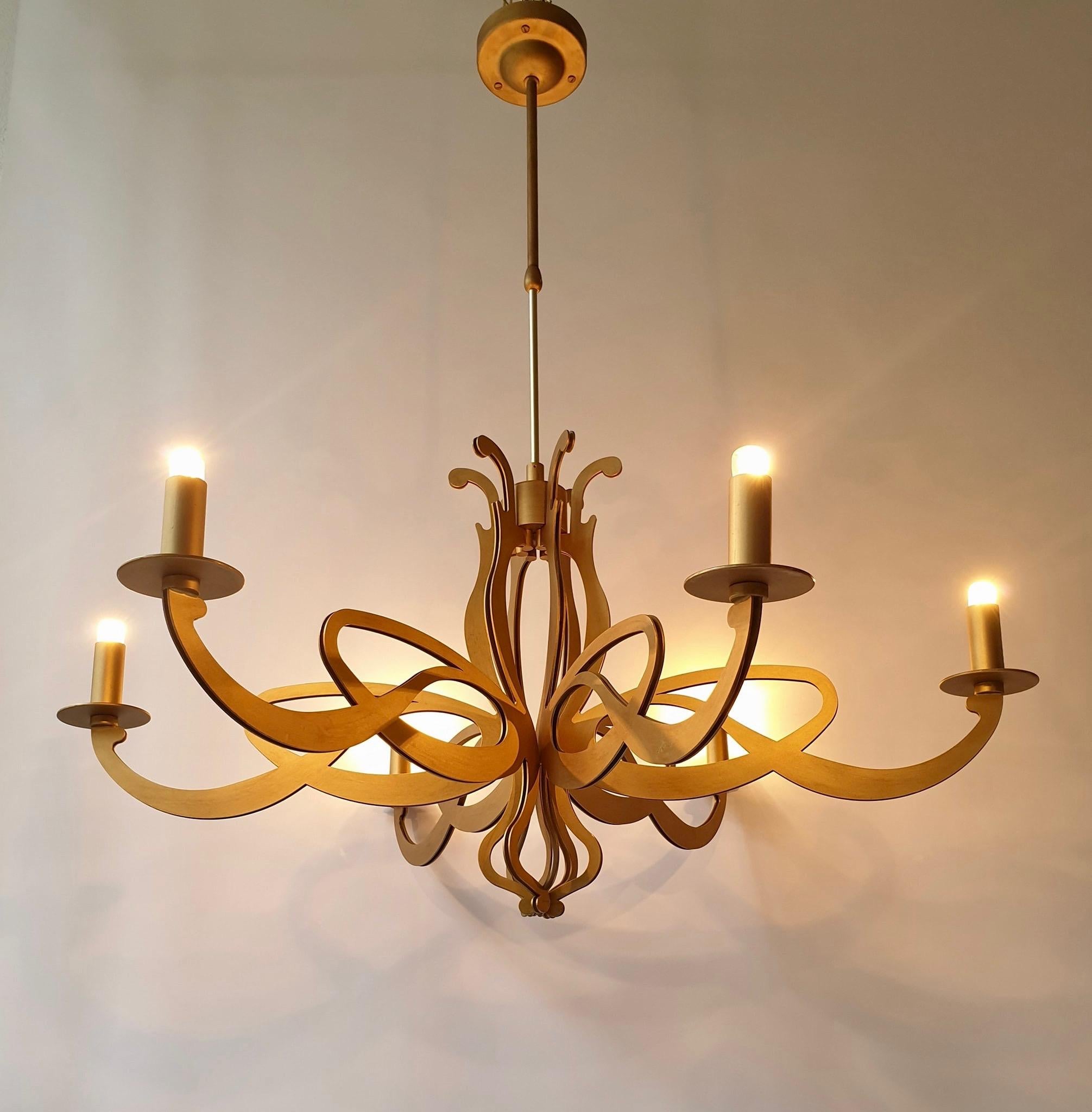 One large elegant Art Nouveau chandelier adjustable in height with an extendable telescope suspension system.

The chandelier has six sockets for small incandescent lamps with screw base or E14 type LEDs. It is possible to install this fixture in