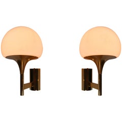 Two Elegant Mid-Century Wall Lights Scones with Opaline Glass and Brass , Italy 