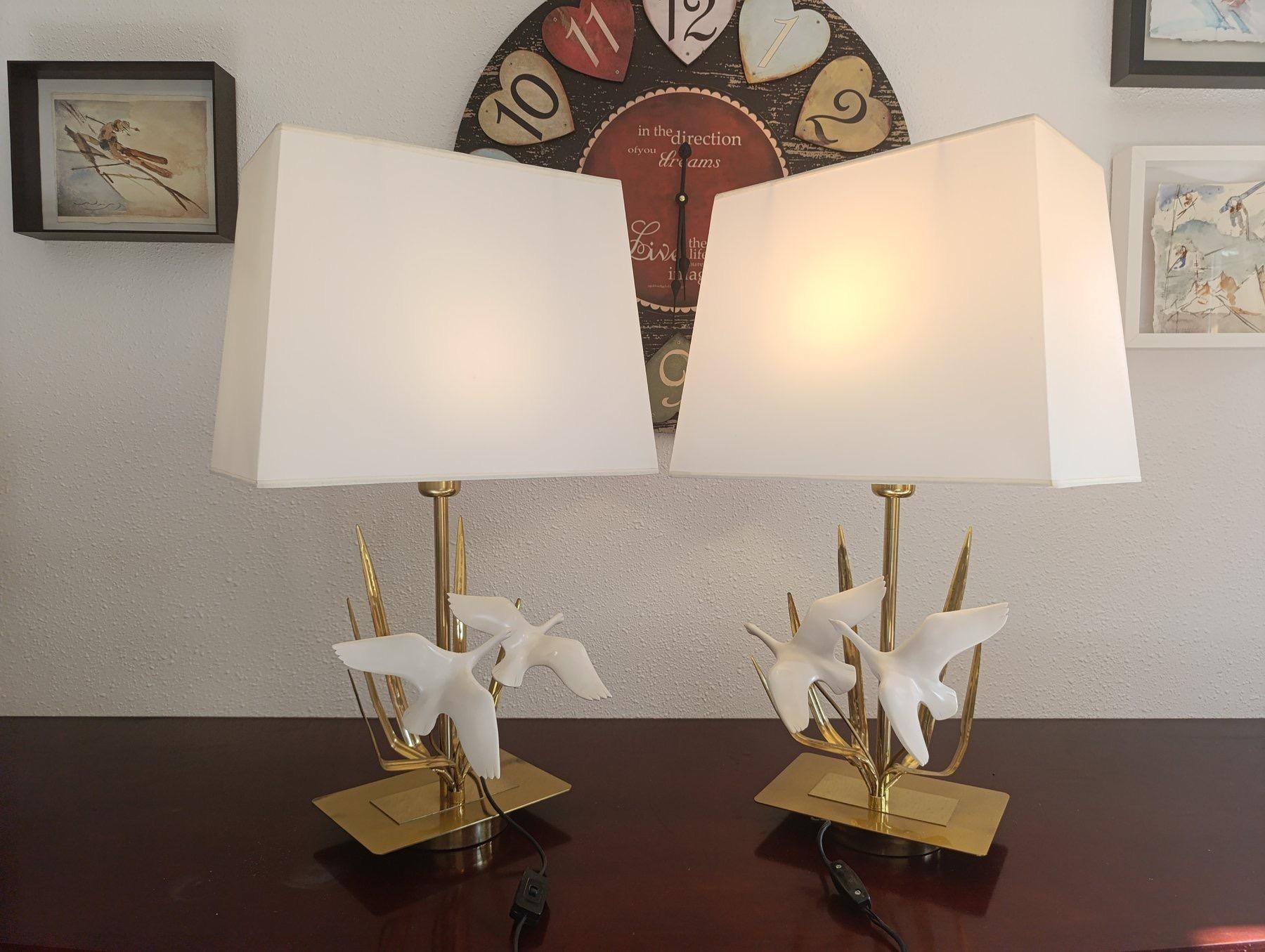 Hollywood Regency Two Elegant Wild Geese Birds Table Lamps For Sale