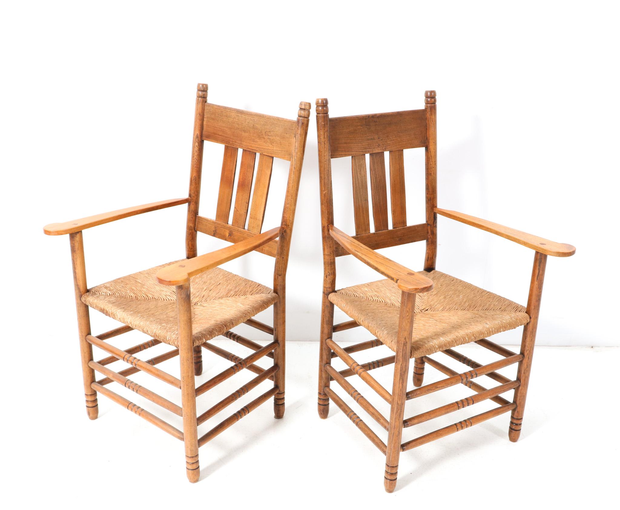 Early 20th Century Two Elm Art Nouveau Armchairs by Willem Penaat, 1900s For Sale