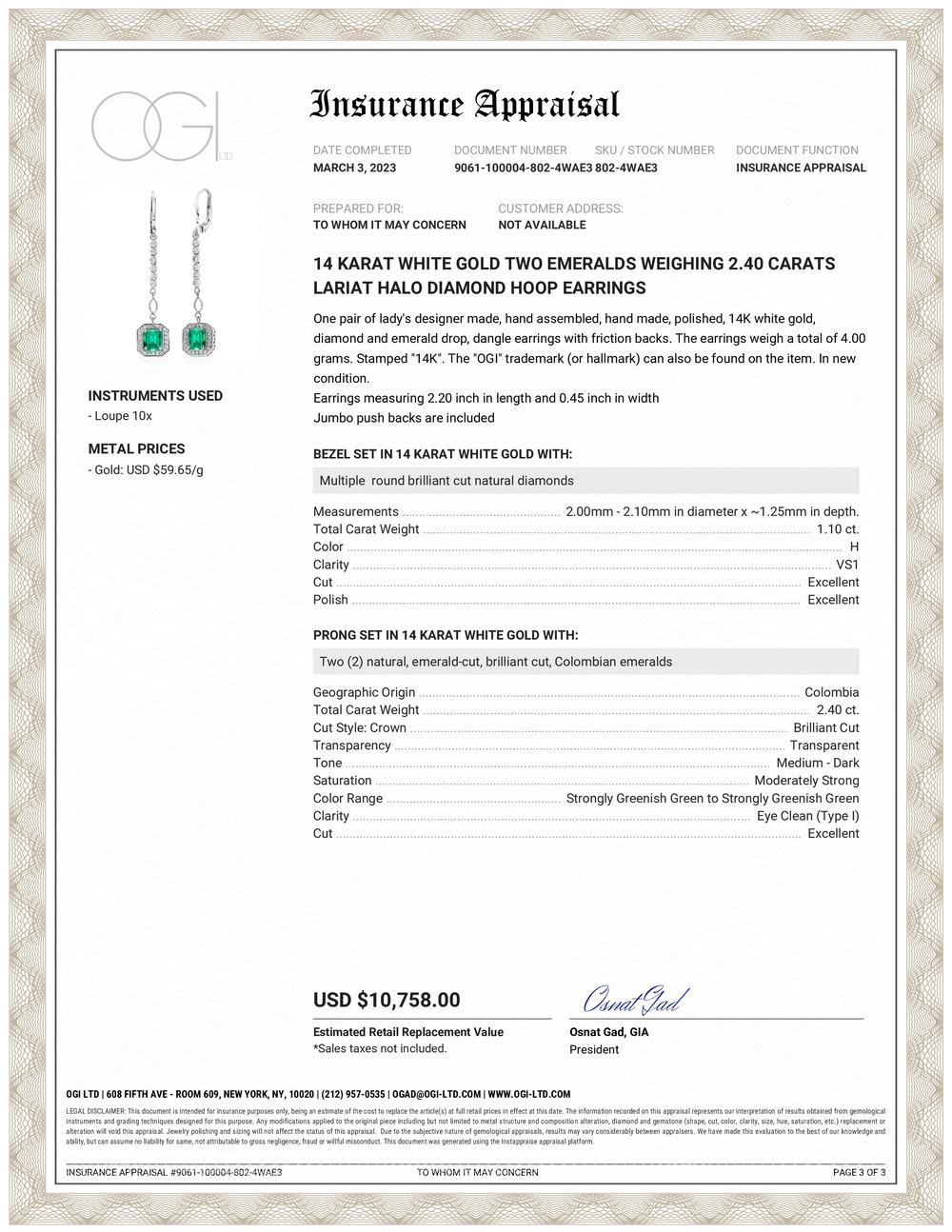 
Introducing our exquisite handmade earrings crafted in New York City: the Emerald Shaped Emeralds Halo Diamond Lariat Earrings. These stunning earrings are made of fourteen karats white gold, featuring emerald-shaped emeralds with a total weight of