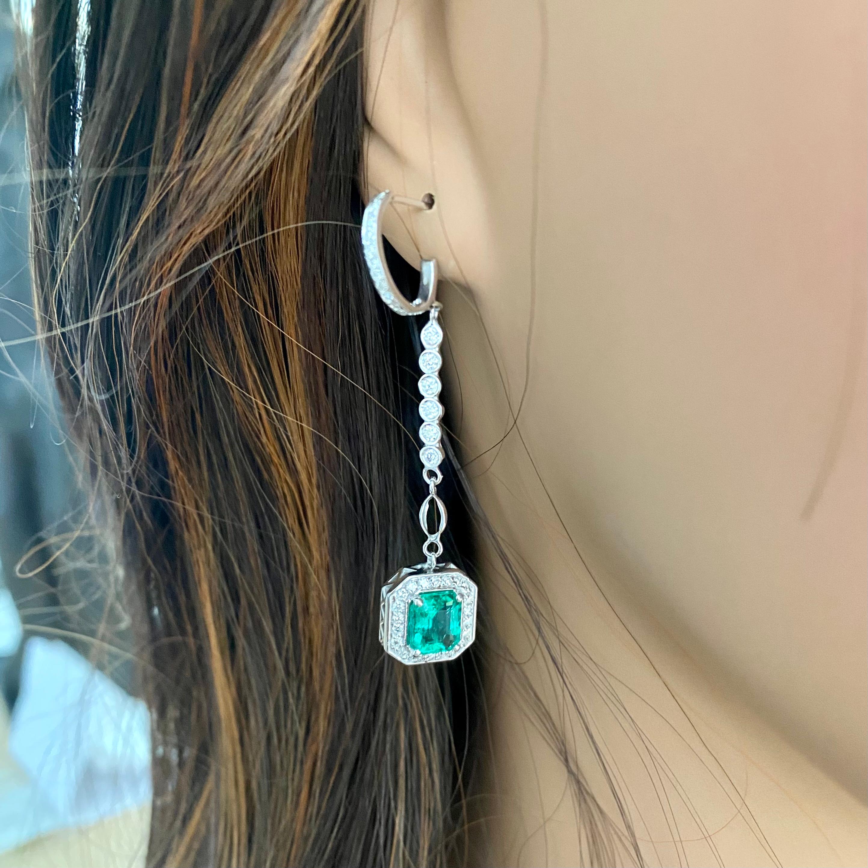 Emerald Shaped Emeralds Halo Diamond 3.50 Carat Lariat Gold 2.20 Inch Earrings In New Condition For Sale In New York, NY