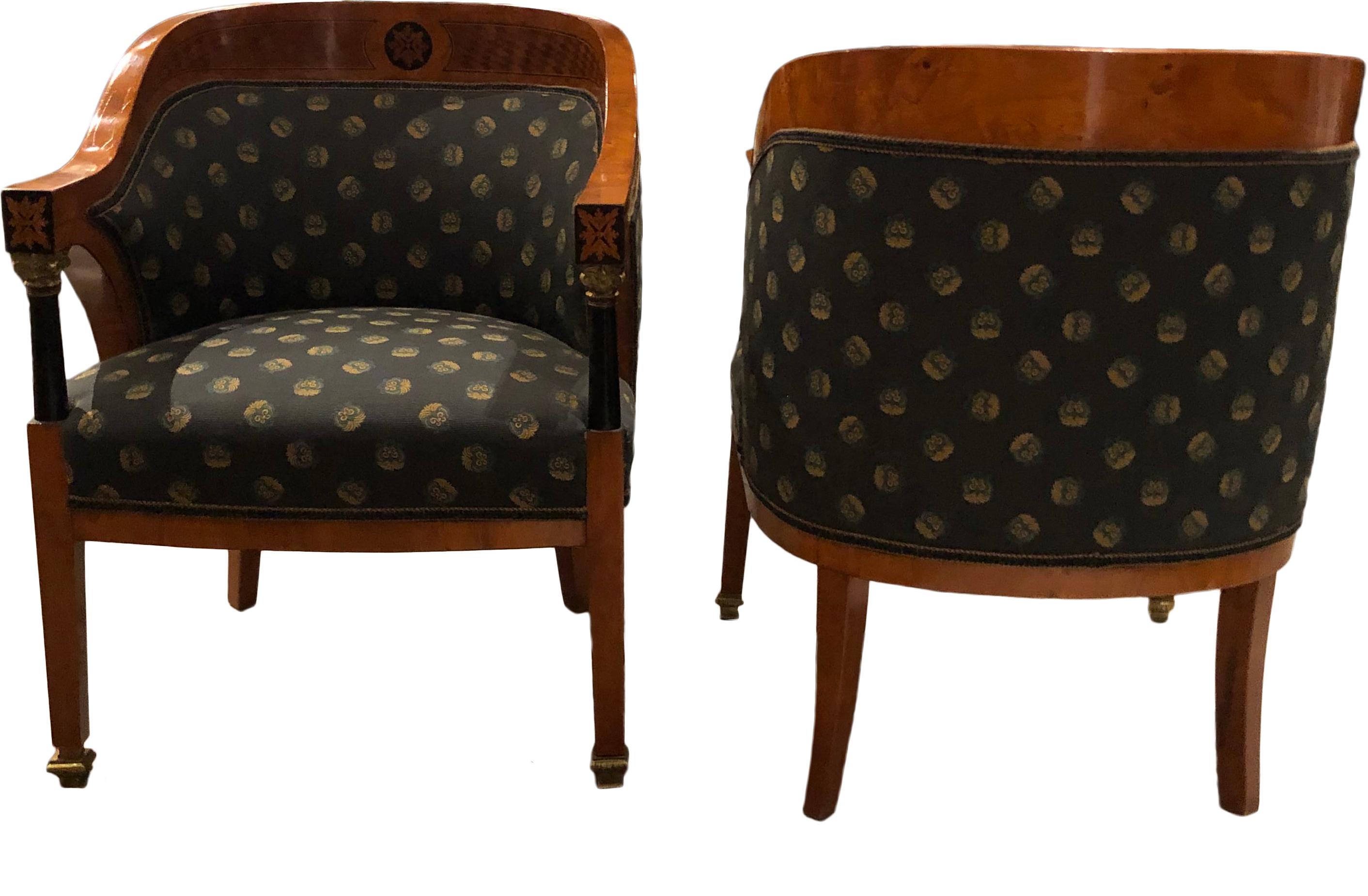 Walnut, rootwood and ebony with gilt bronze fittings. Slate blue upholstery with gold/teal floral pattern, circa 1890-1910. Part of suite with sofa E3/090.